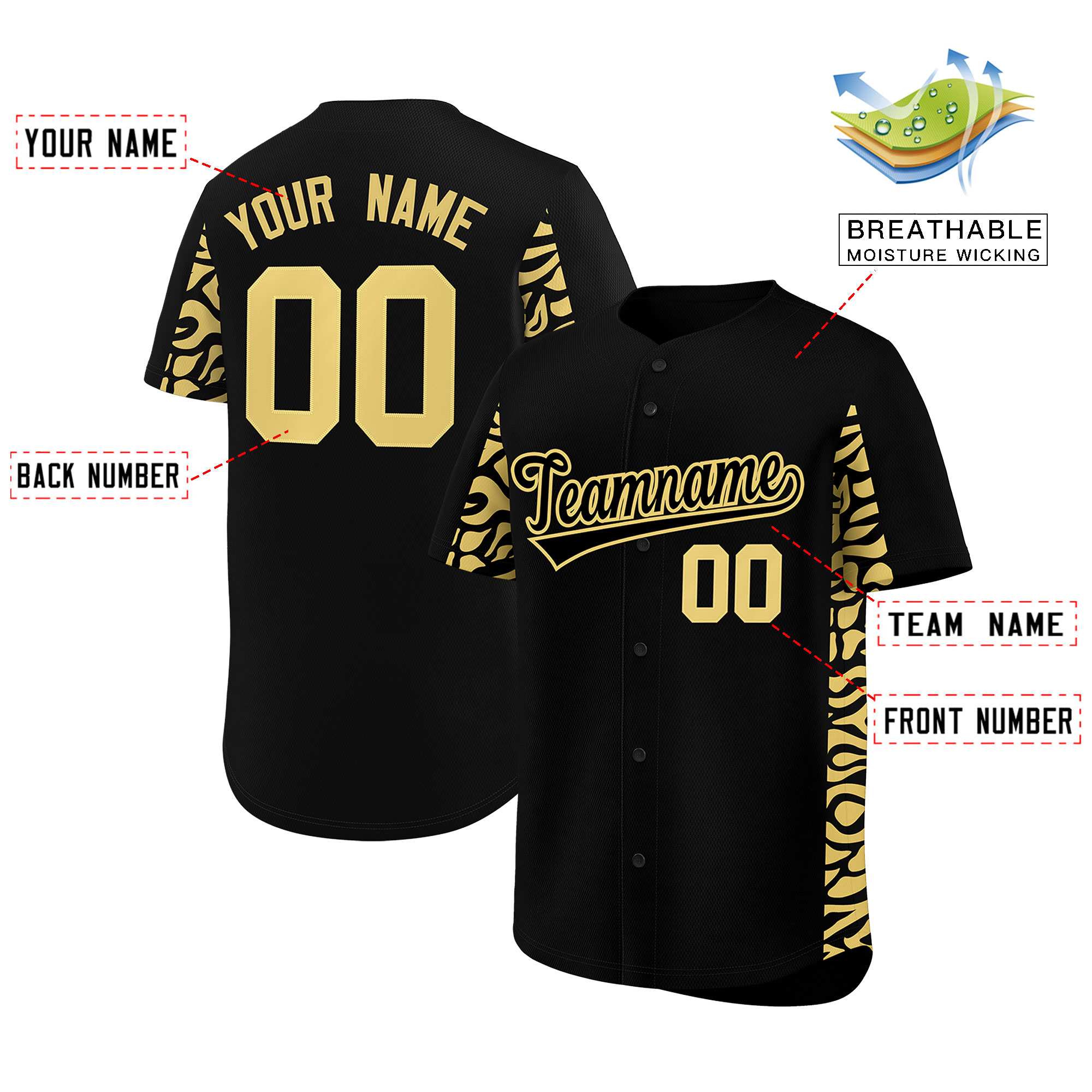 Custom Black Khaki Personalized Leopard Graffiti Pattern Side Design Authentic Baseball Jersey