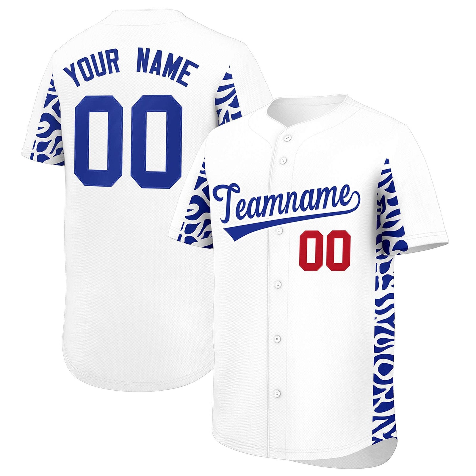 Custom White Royal Personalized Leopard Graffiti Pattern Side Design Authentic Baseball Jersey