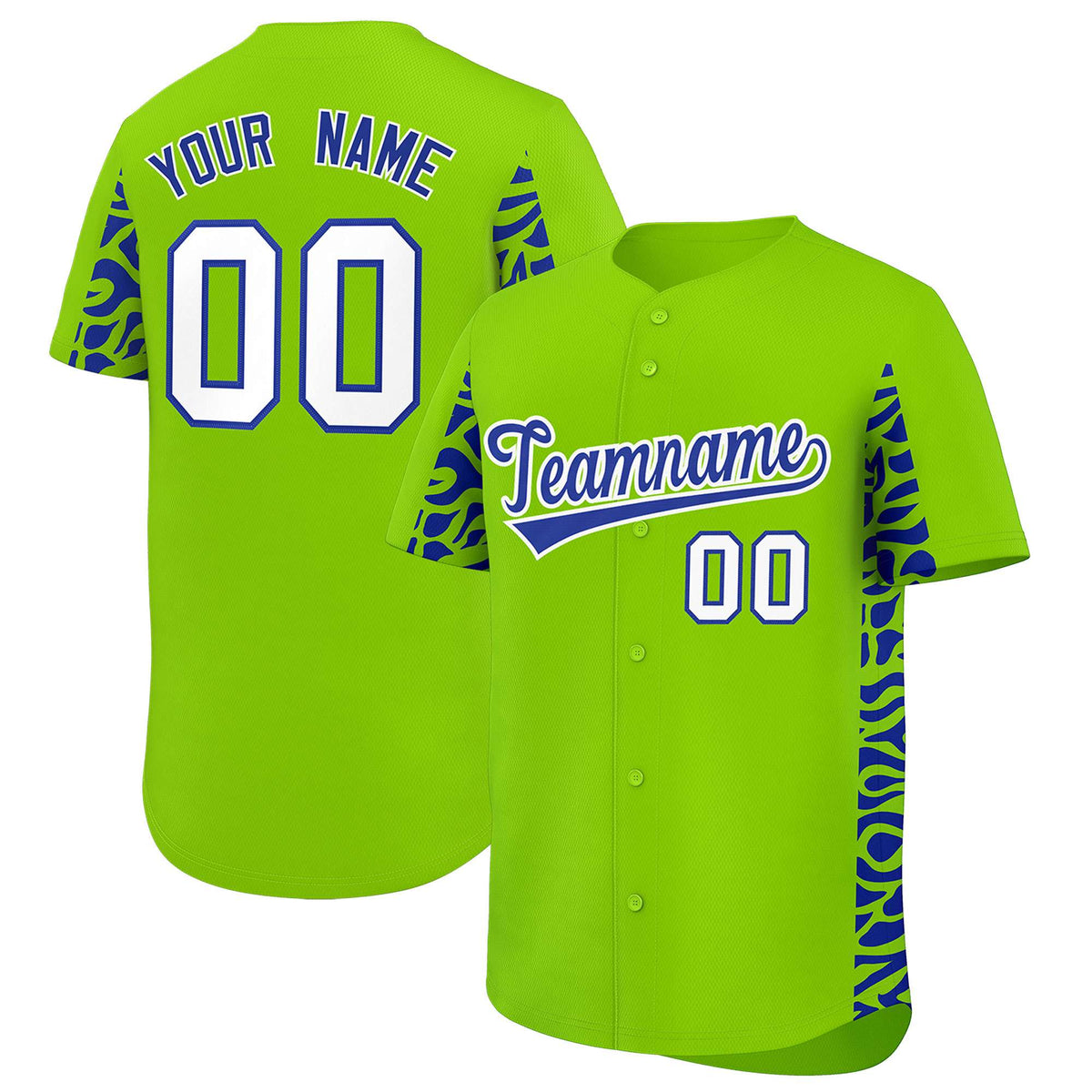 Custom Neon Green Royal Personalized Leopard Graffiti Pattern Side Design Authentic Baseball Jersey