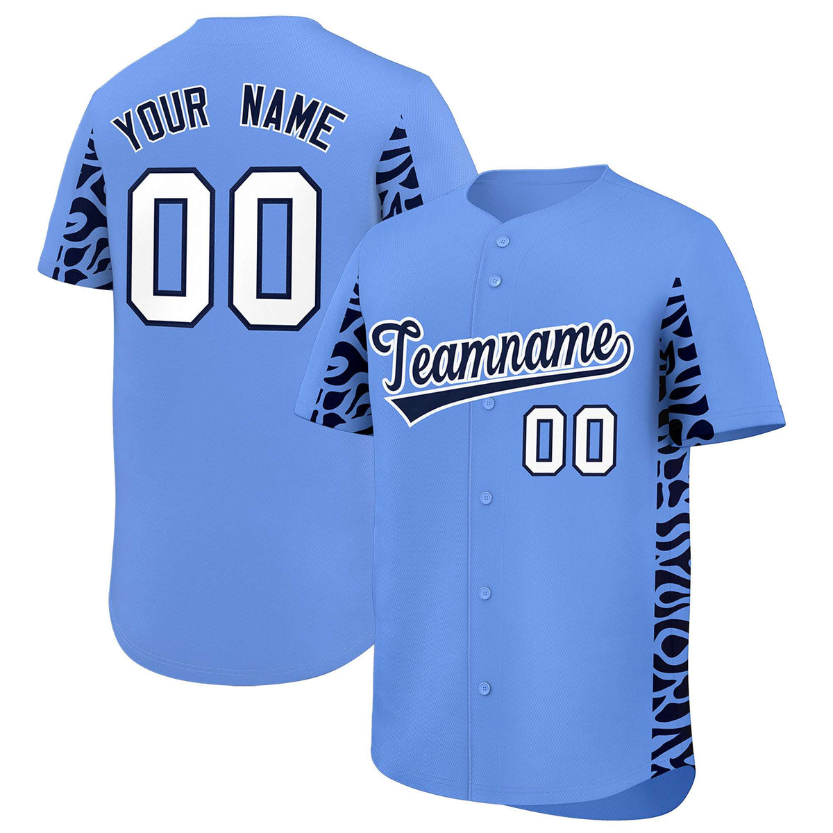 Custom Powder Blue Navy Personalized Leopard Graffiti Pattern Side Design Authentic Baseball Jersey