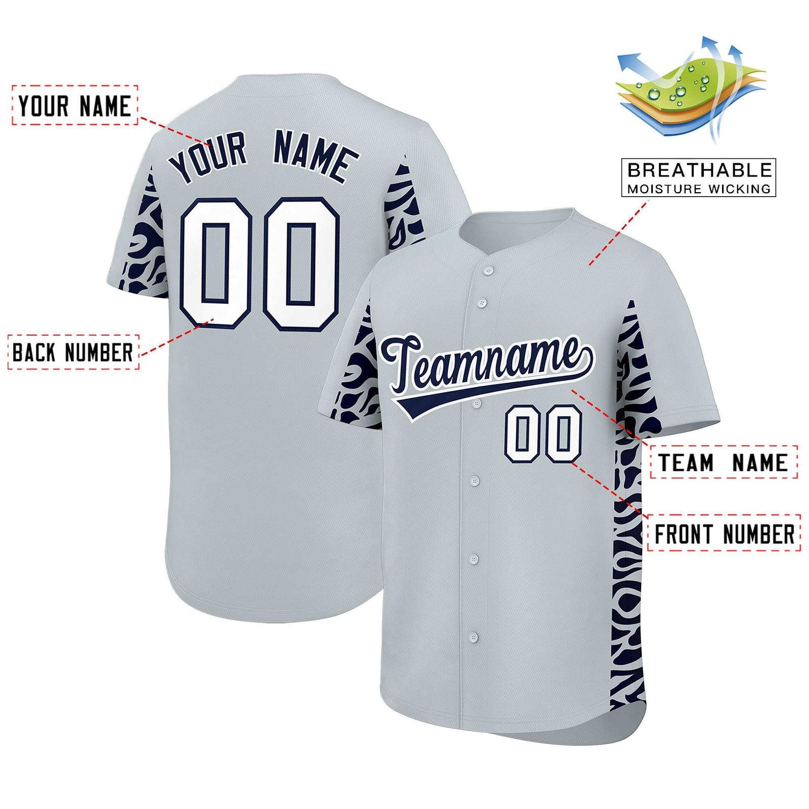 Custom Silver Navy Personalized Leopard Graffiti Pattern Side Design Authentic Baseball Jersey