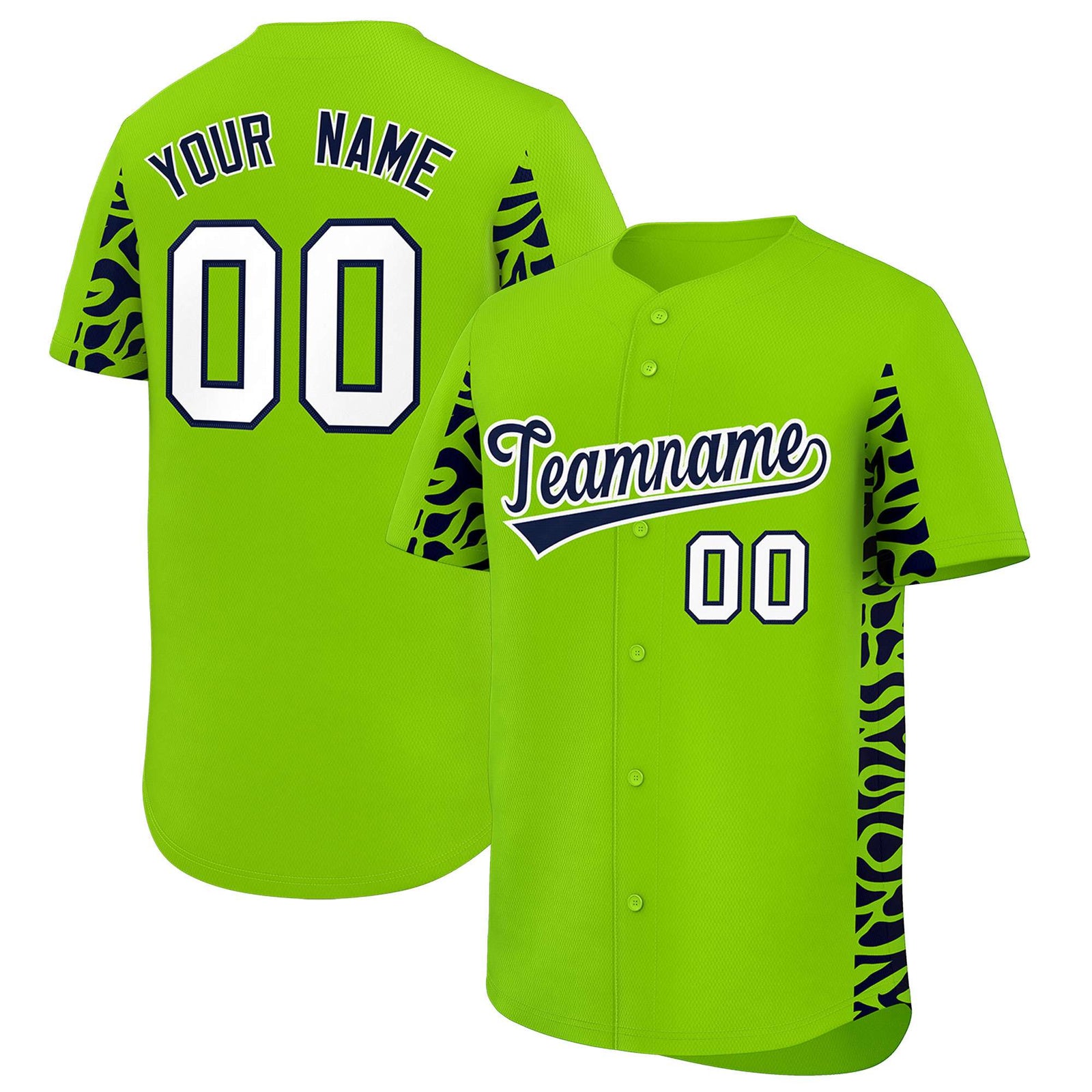 Custom Neon Green Navy Personalized Leopard Graffiti Pattern Side Design Authentic Baseball Jersey