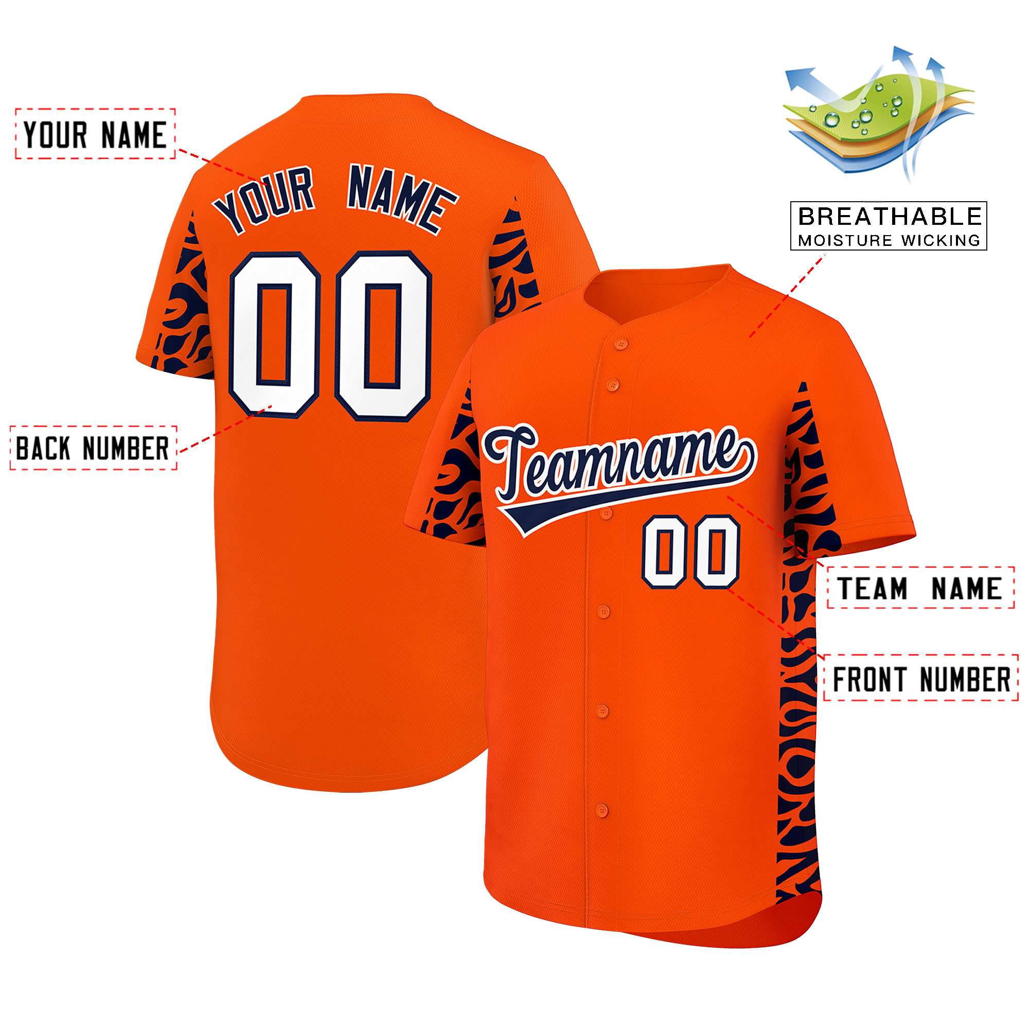 Custom Orange Navy Personalized Leopard Graffiti Pattern Side Design Authentic Baseball Jersey