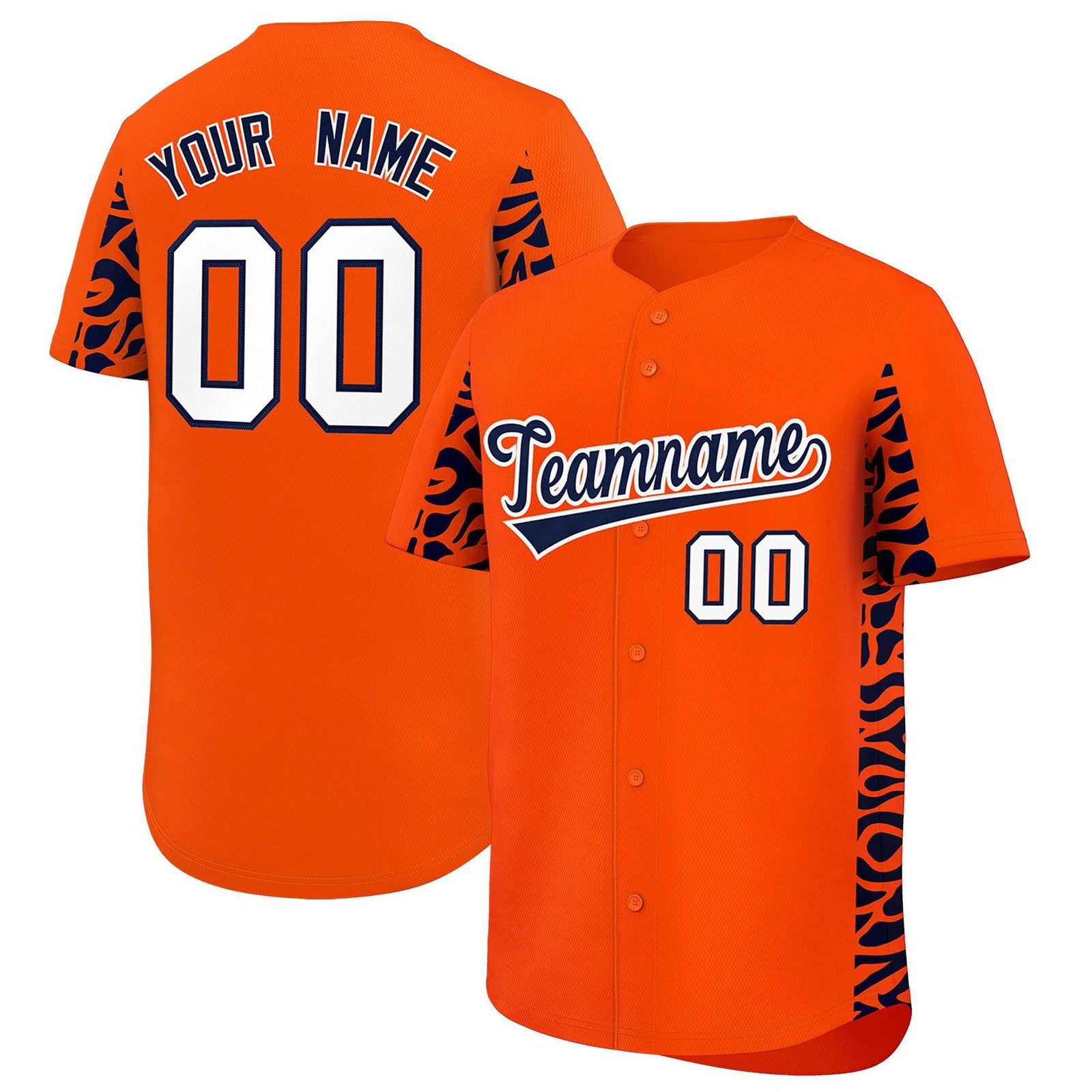 Custom Orange Navy Personalized Leopard Graffiti Pattern Side Design Authentic Baseball Jersey