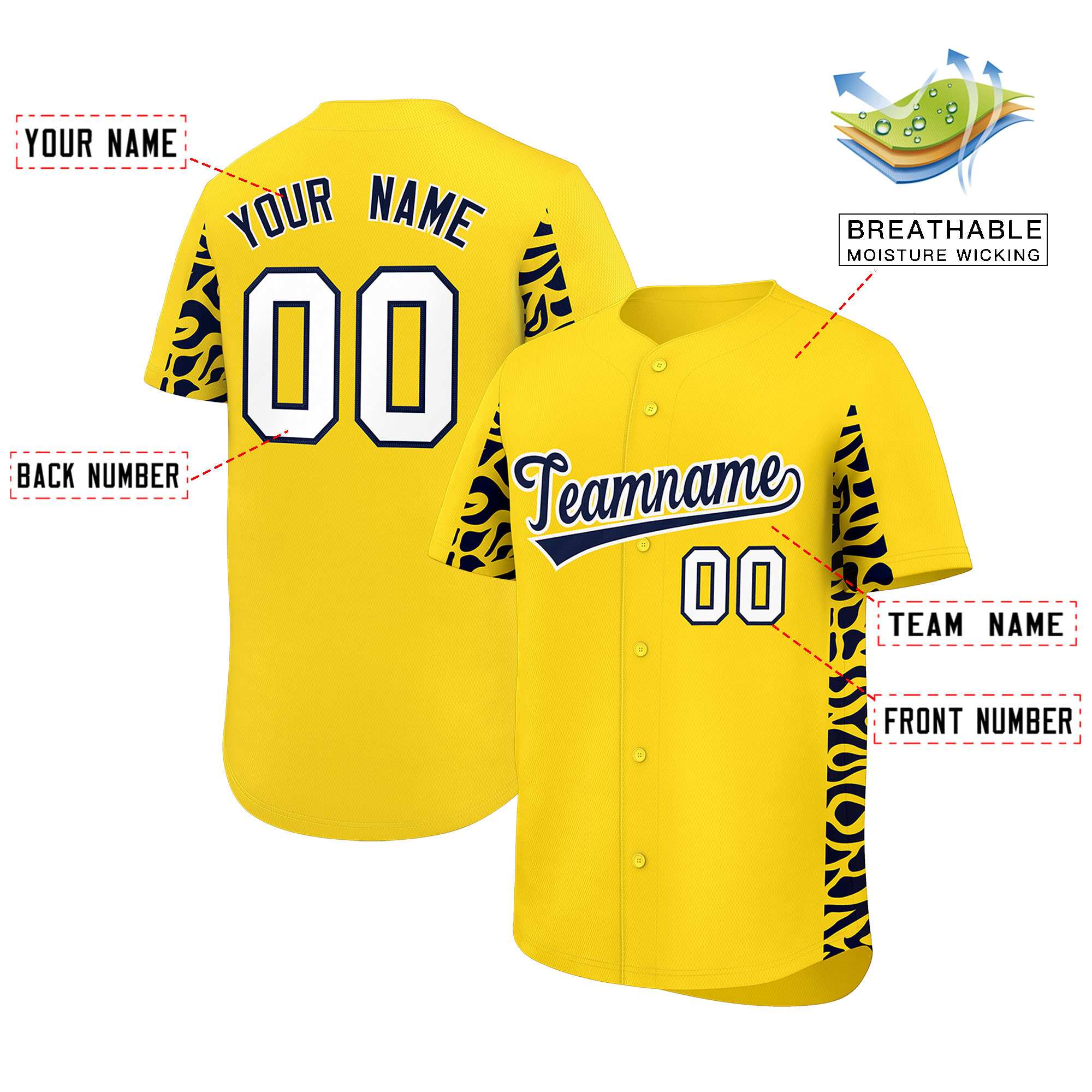 Custom Gold Navy Personalized Leopard Graffiti Pattern Side Design Authentic Baseball Jersey