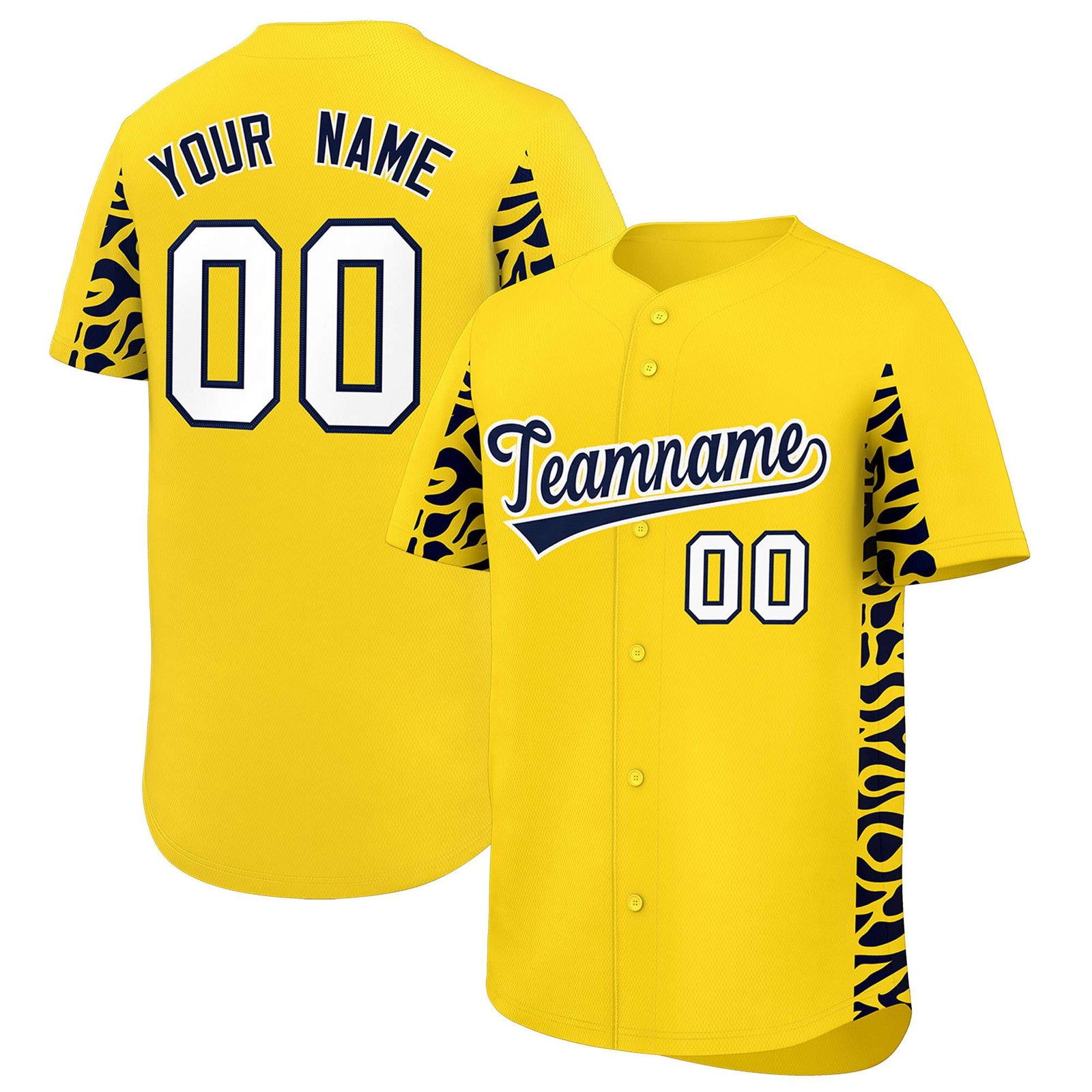 Custom Gold Navy Personalized Leopard Graffiti Pattern Side Design Authentic Baseball Jersey