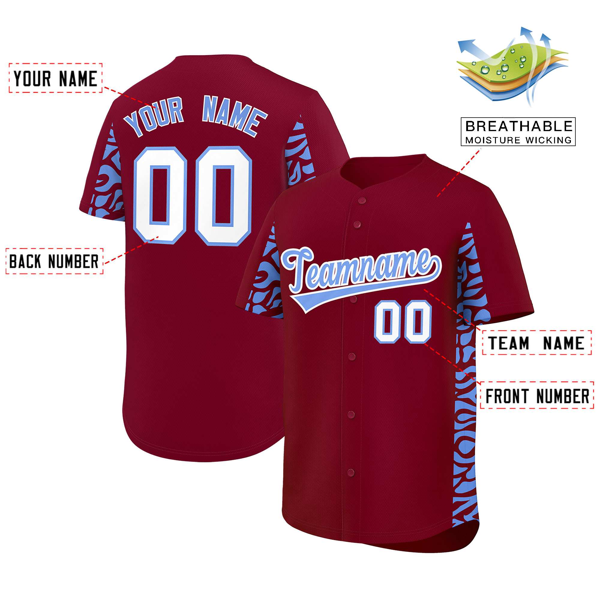 Custom Crimson Powder Blue Personalized Leopard Graffiti Pattern Side Design Authentic Baseball Jersey