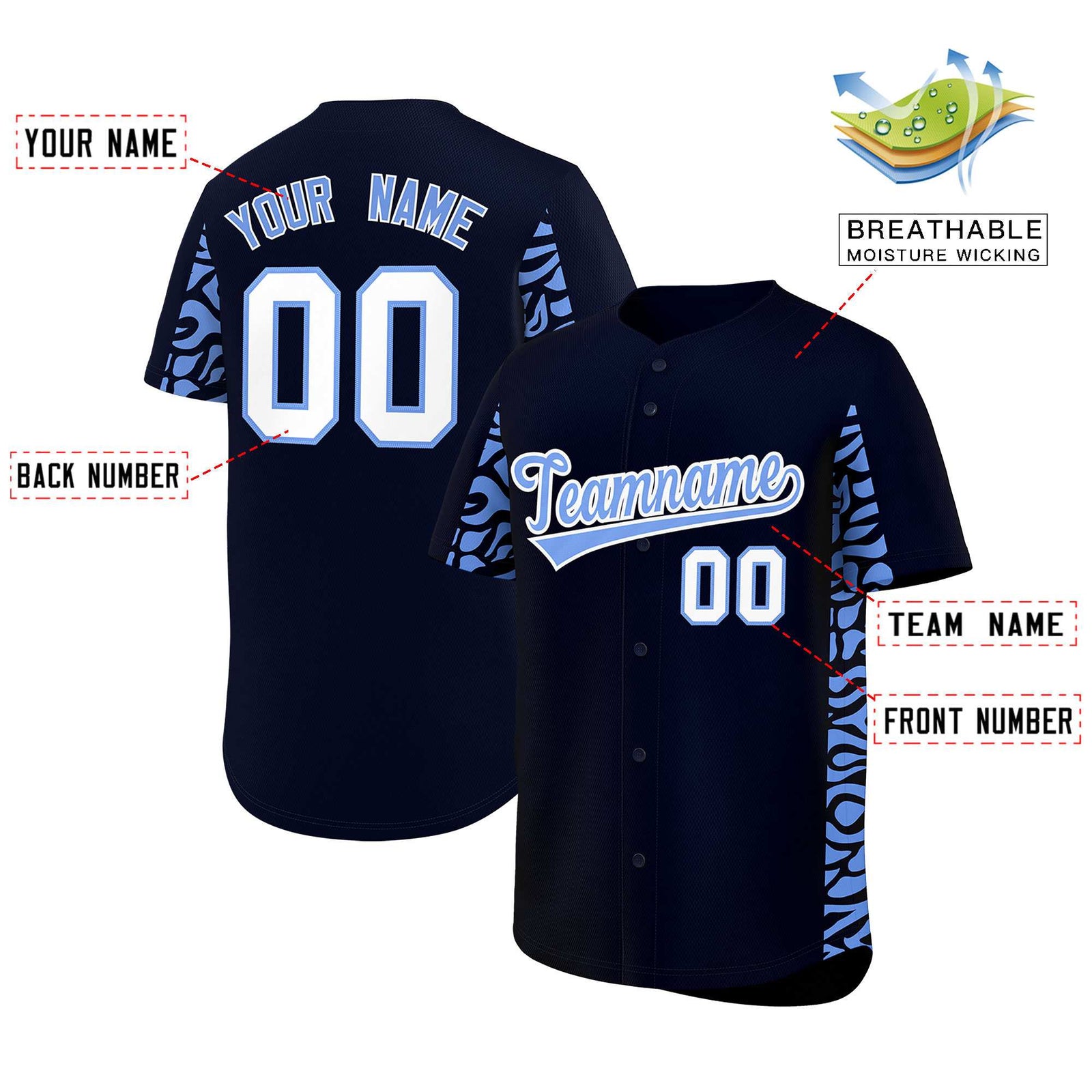 Custom Navy Powder Blue Personalized Leopard Graffiti Pattern Side Design Authentic Baseball Jersey