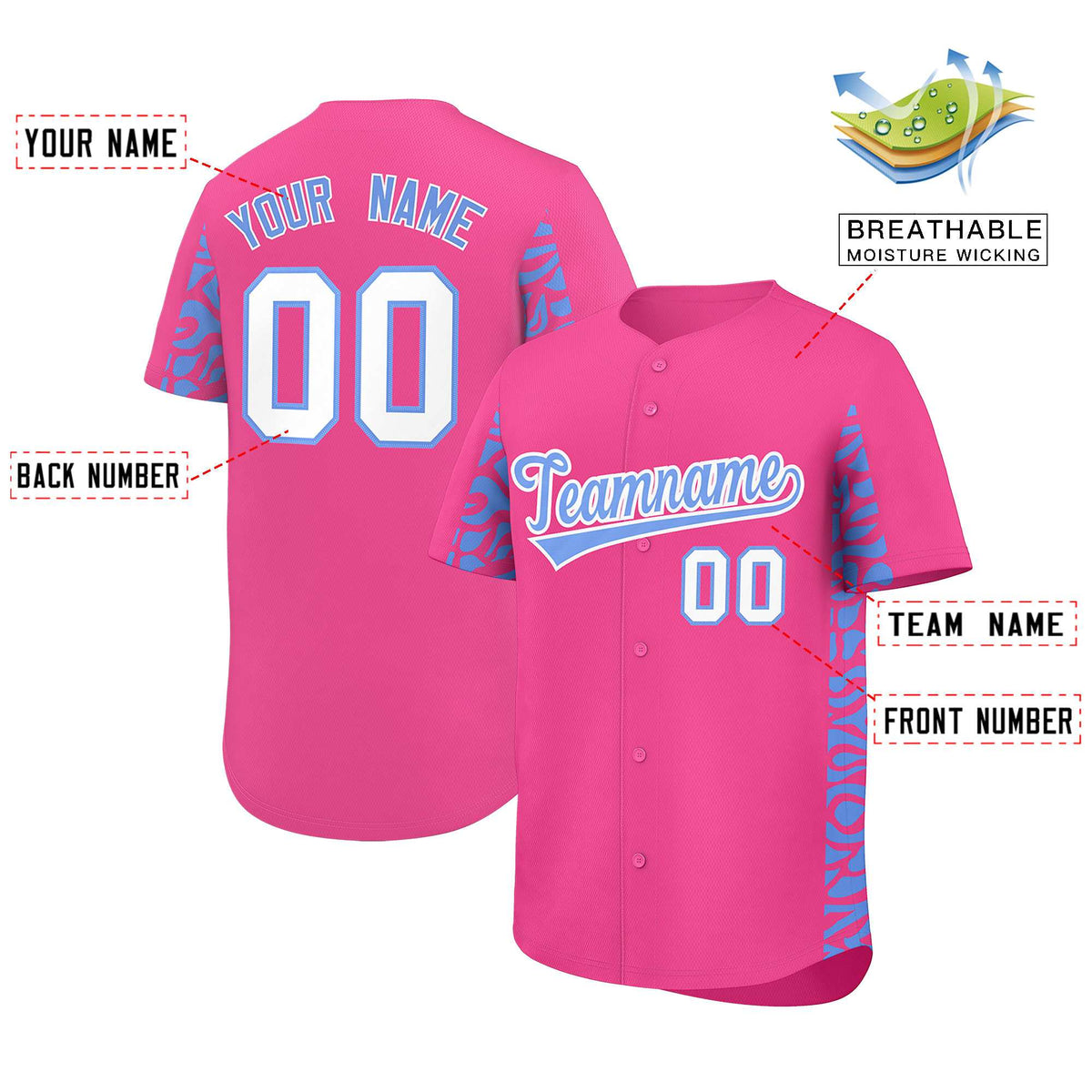 Custom Pink Powder Blue Personalized Leopard Graffiti Pattern Side Design Authentic Baseball Jersey