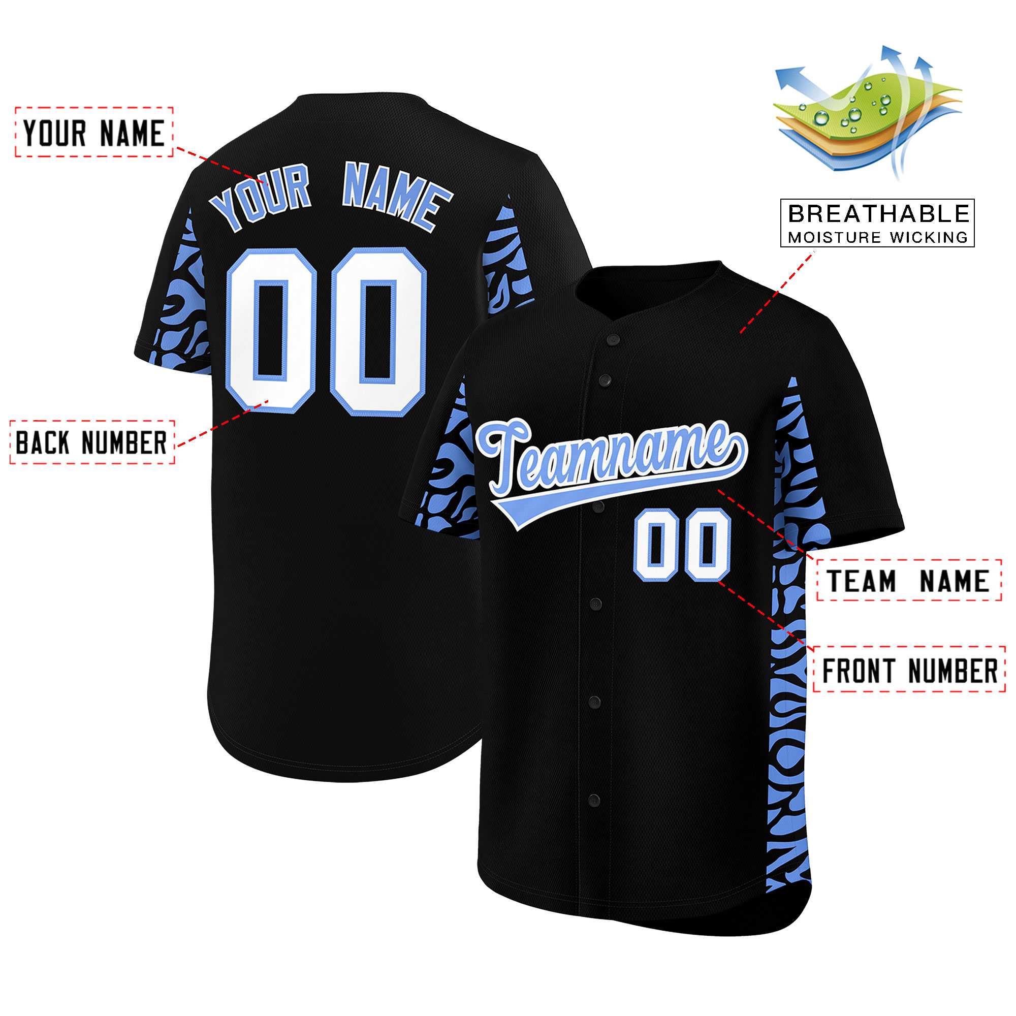 Custom Black Powder Blue Personalized Leopard Graffiti Pattern Side Design Authentic Baseball Jersey