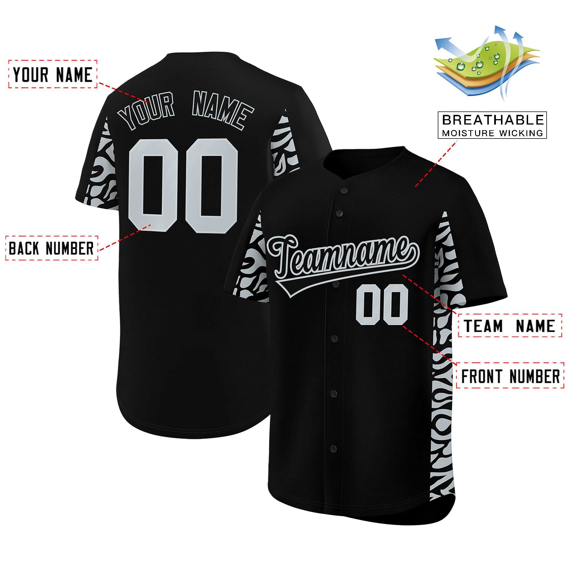 Custom Black Silver Personalized Leopard Graffiti Pattern Side Design Authentic Baseball Jersey