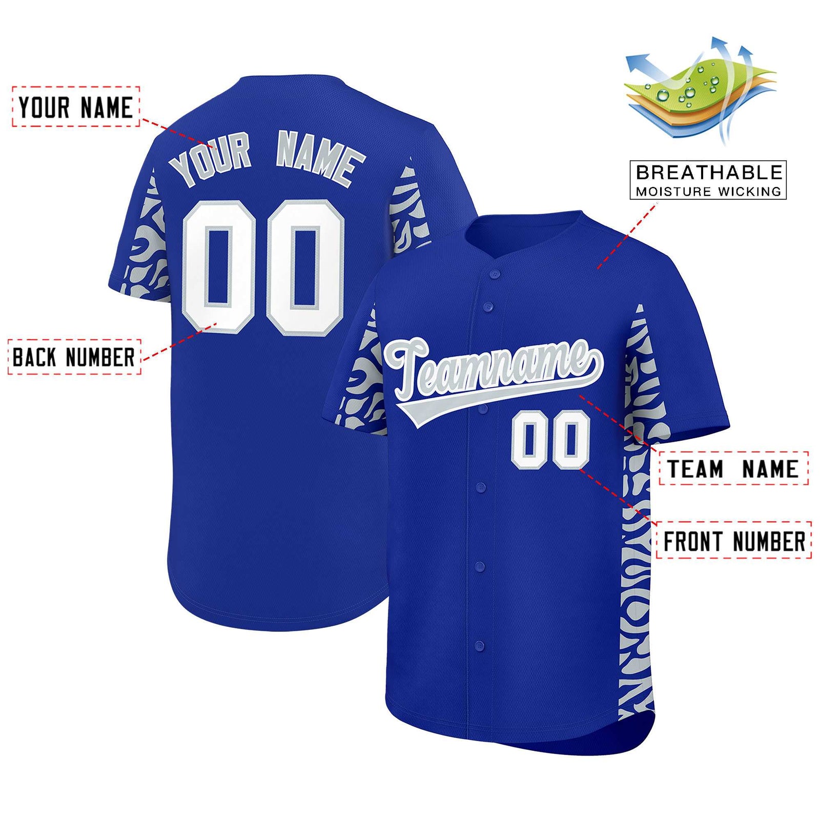 Custom Royal Silver Personalized Leopard Graffiti Pattern Side Design Authentic Baseball Jersey
