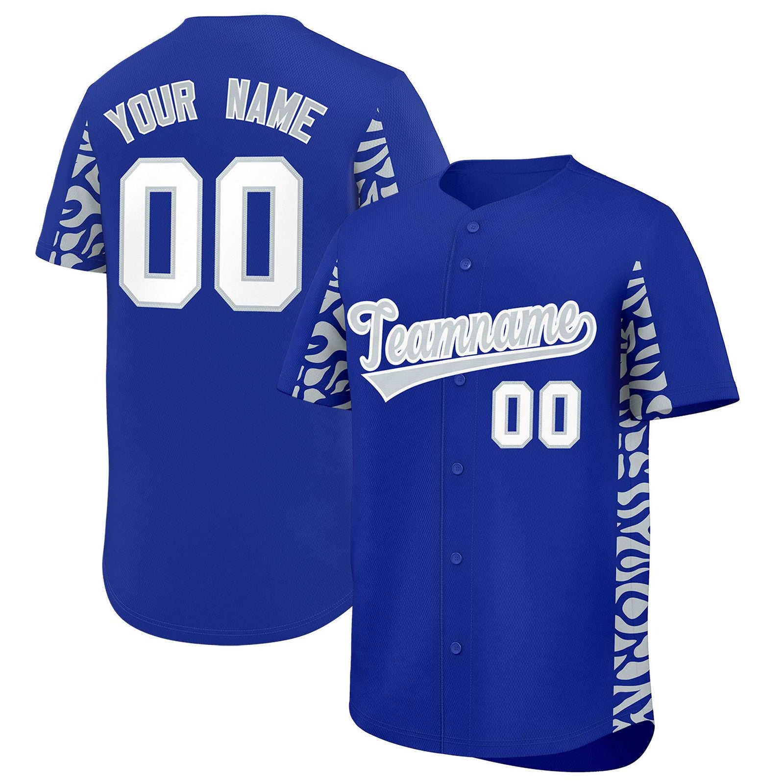 Custom Royal Silver Personalized Leopard Graffiti Pattern Side Design Authentic Baseball Jersey