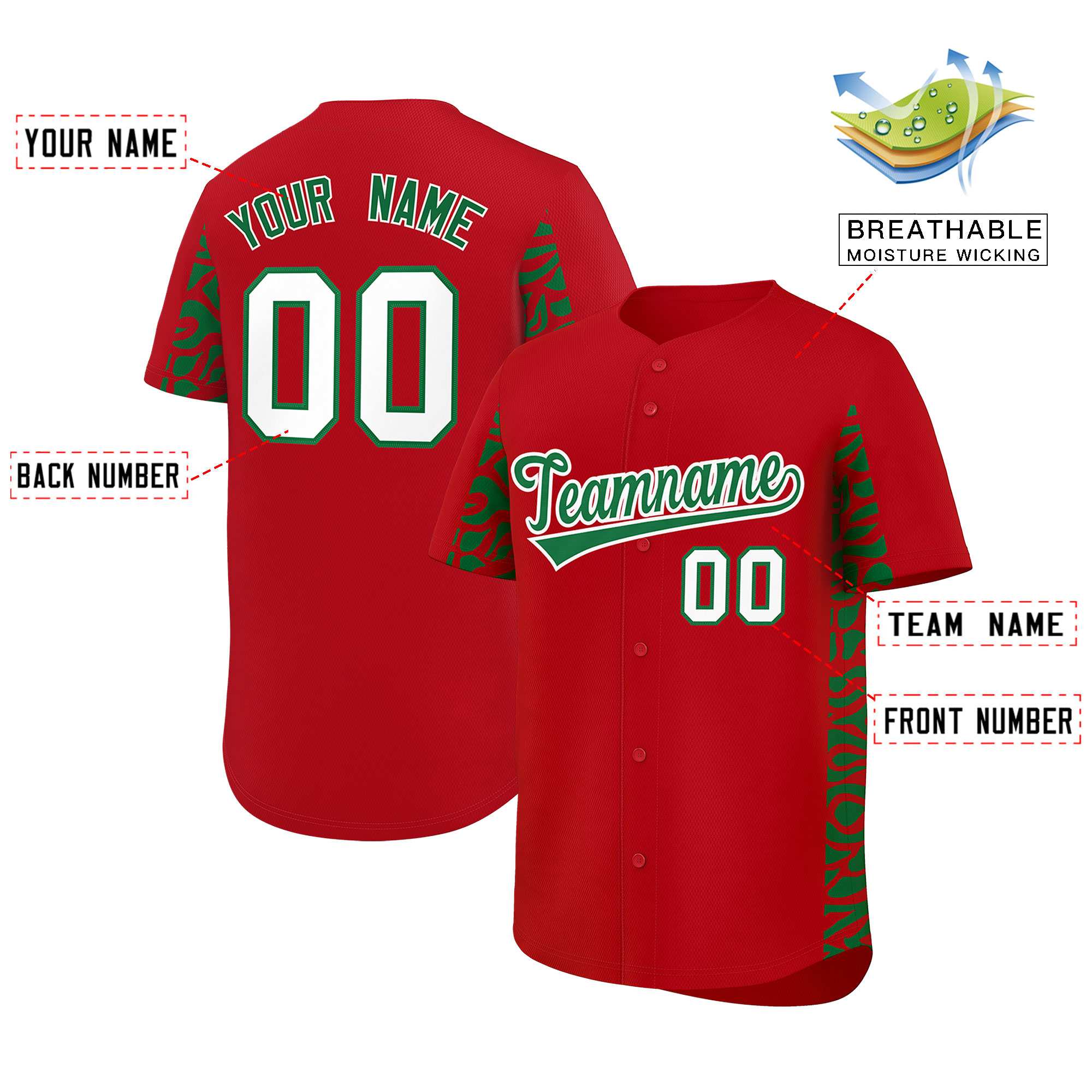 Custom Red Kelly Green Personalized Leopard Graffiti Pattern Side Design Authentic Baseball Jersey