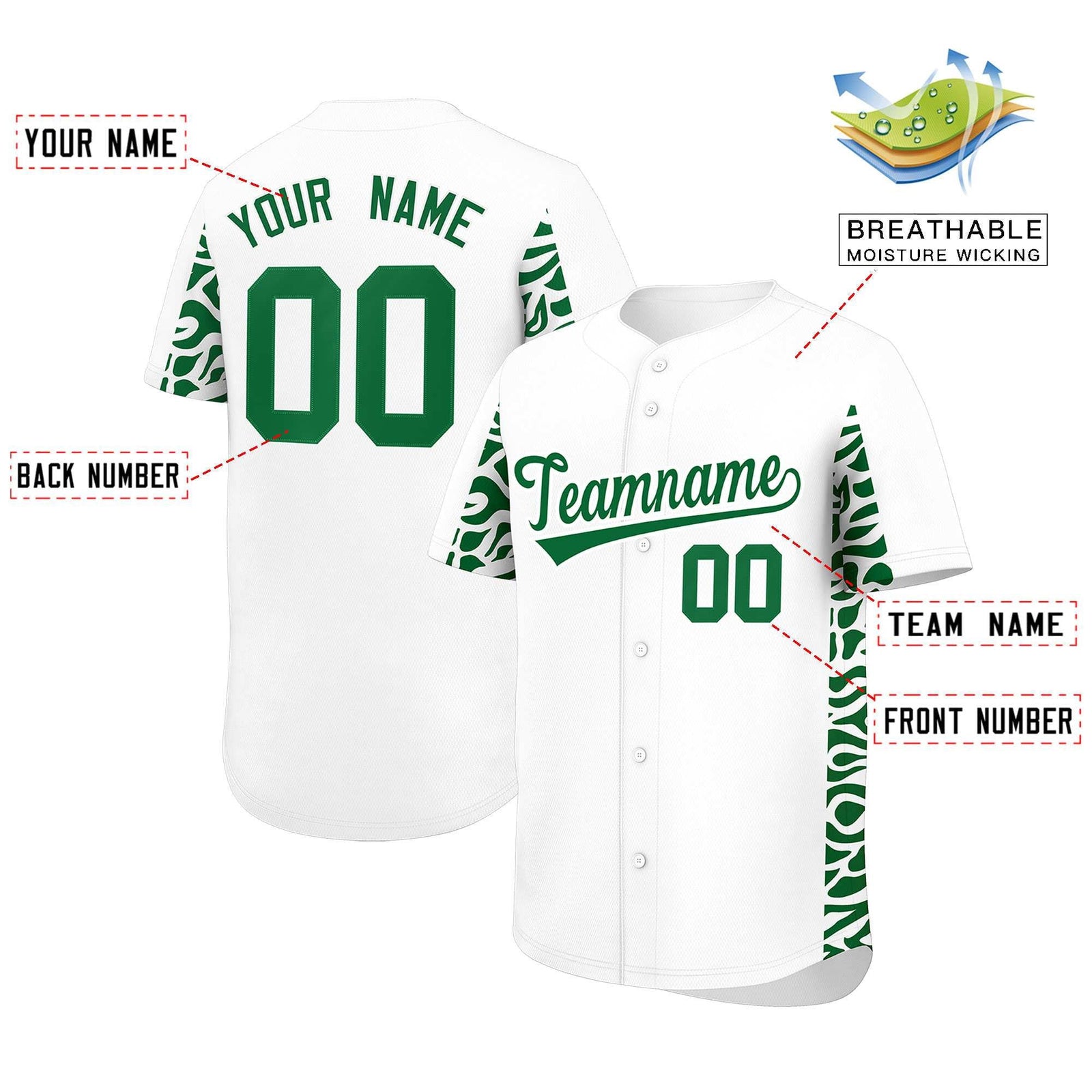 Custom White Kelly Green Personalized Leopard Graffiti Pattern Side Design Authentic Baseball Jersey