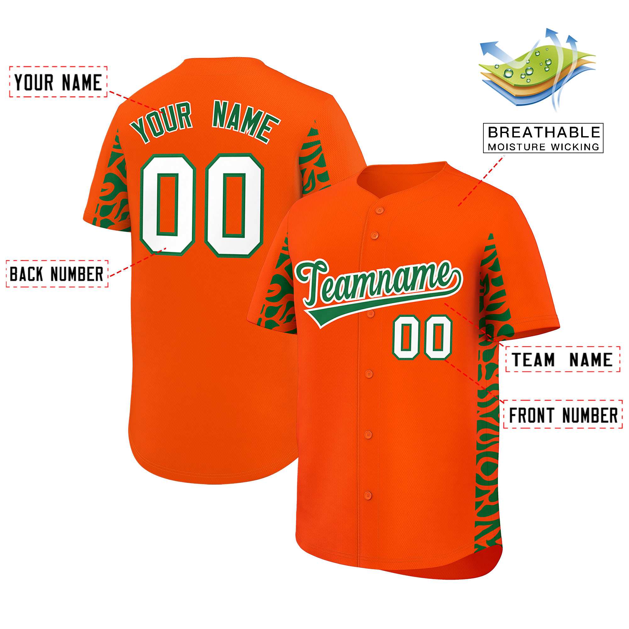 Custom Orange Kelly Green Personalized Leopard Graffiti Pattern Side Design Authentic Baseball Jersey