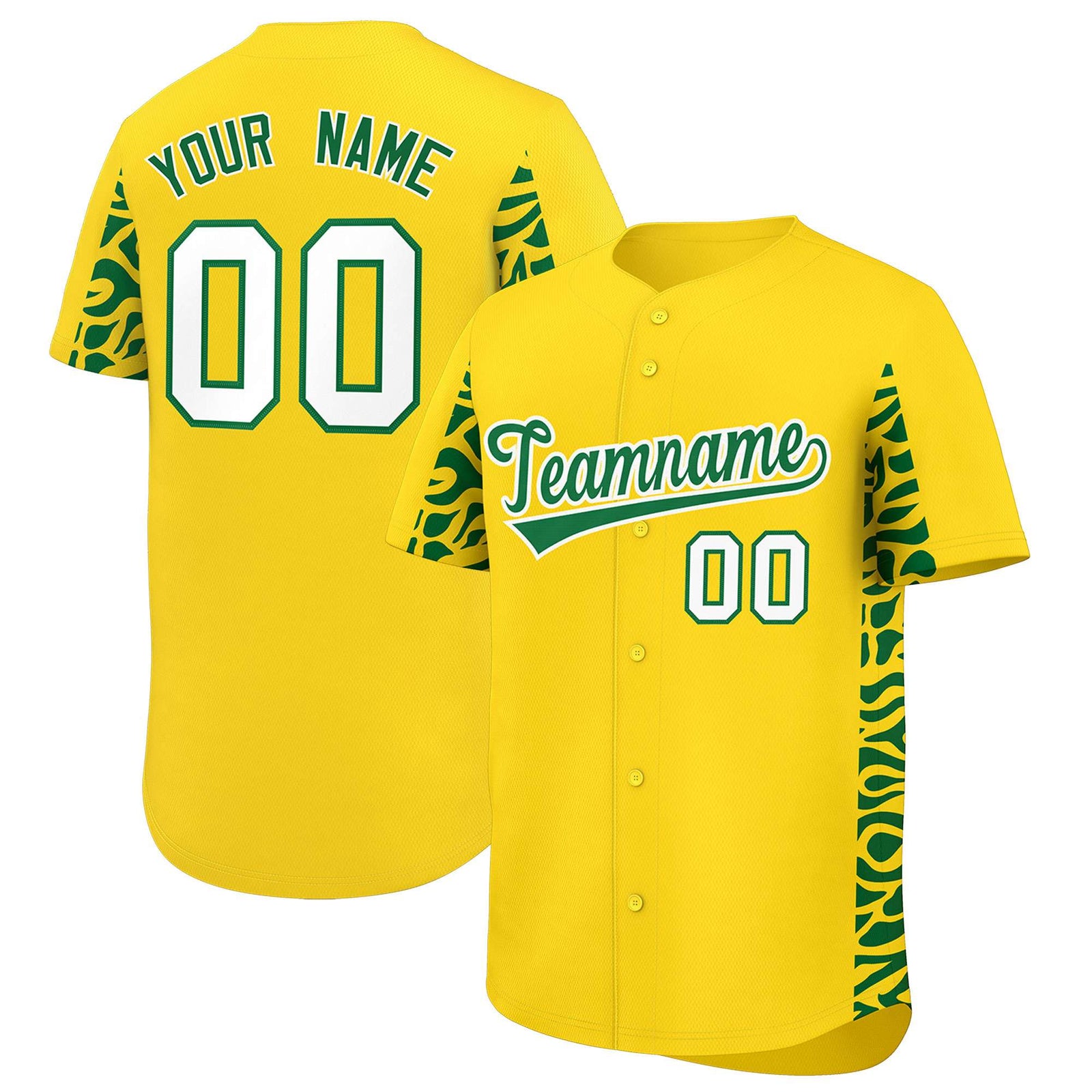 Custom Gold Kelly Green Personalized Leopard Graffiti Pattern Side Design Authentic Baseball Jersey