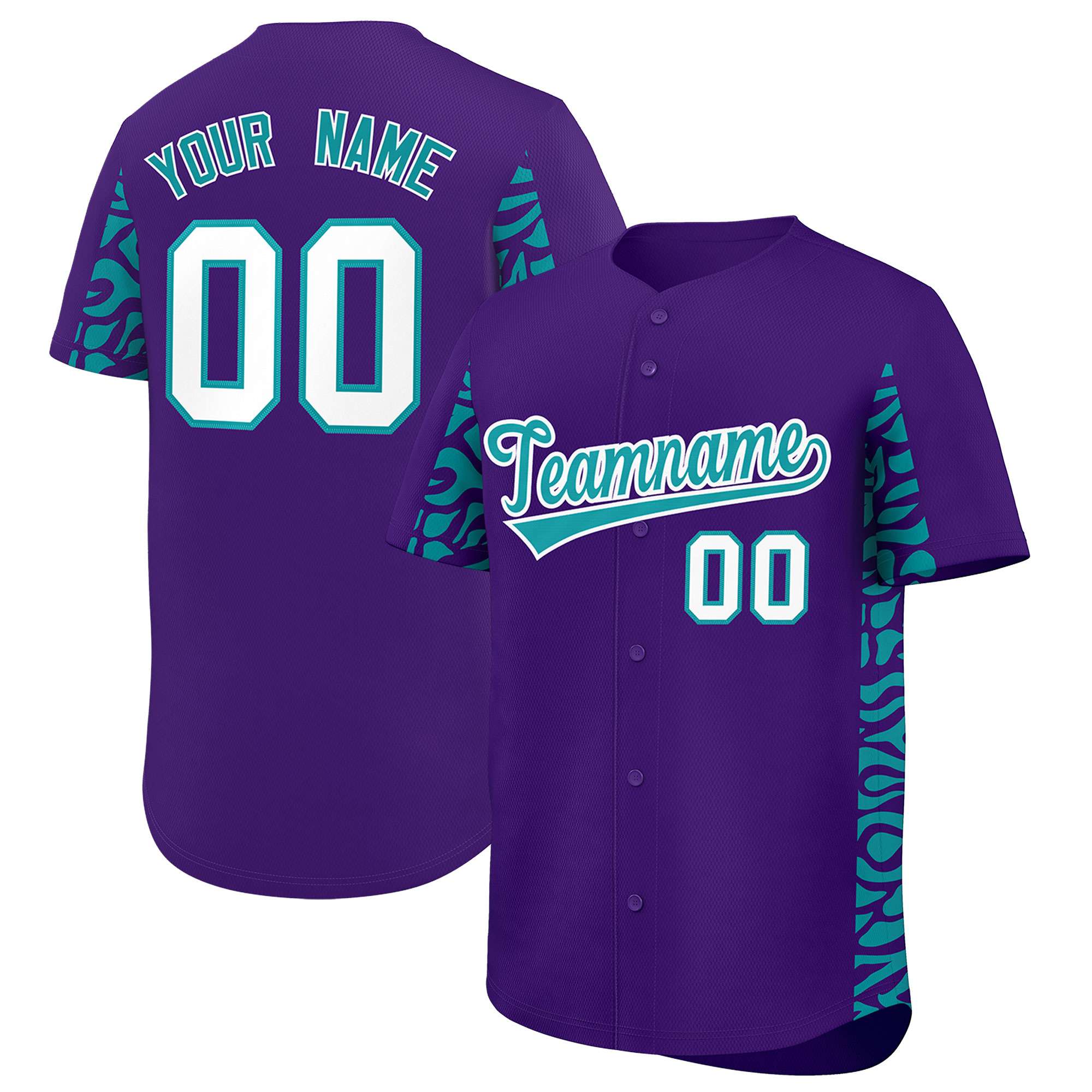 Custom Purple Aqua Personalized Leopard Graffiti Pattern Side Design Authentic Baseball Jersey