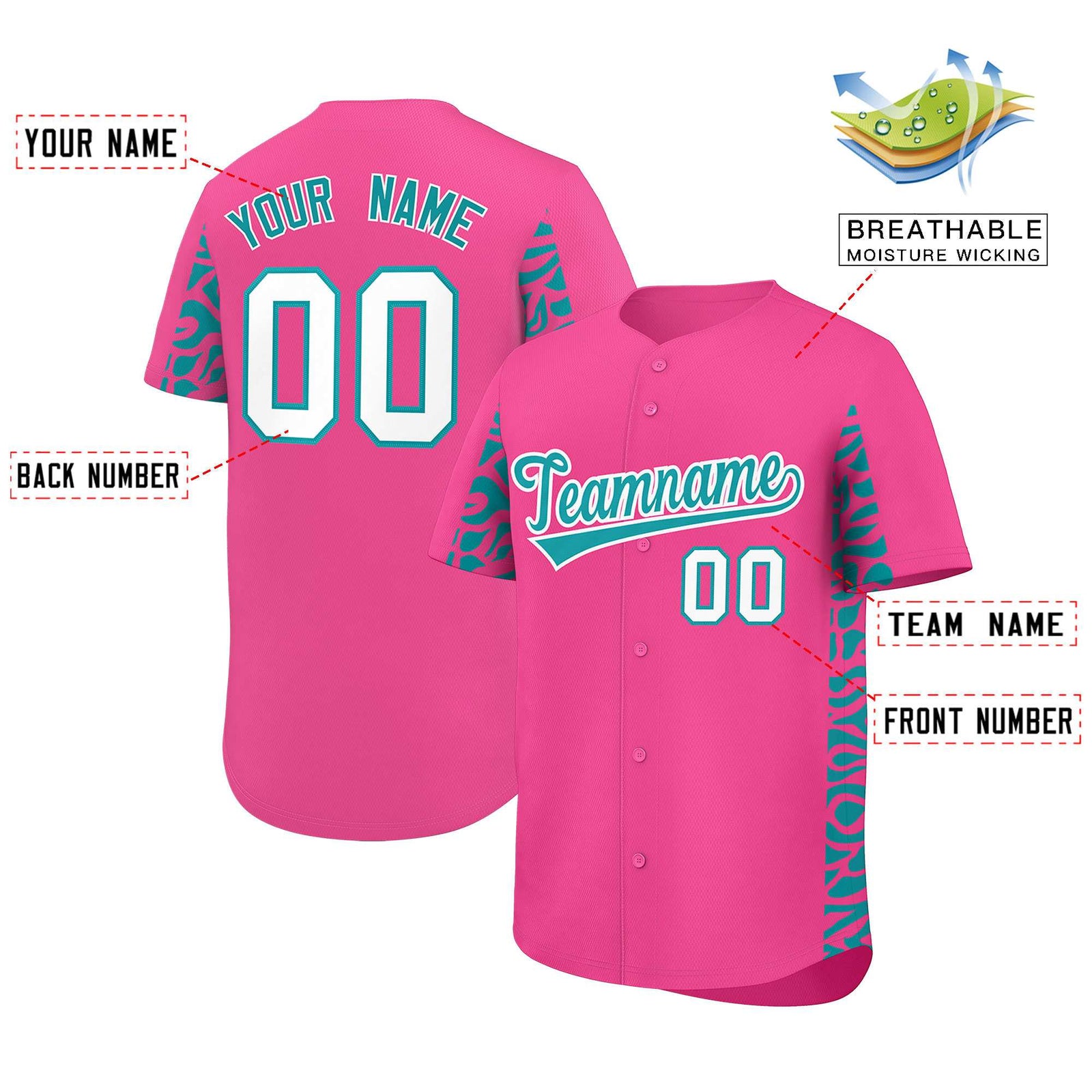 Custom Pink Aqua Personalized Leopard Graffiti Pattern Side Design Authentic Baseball Jersey
