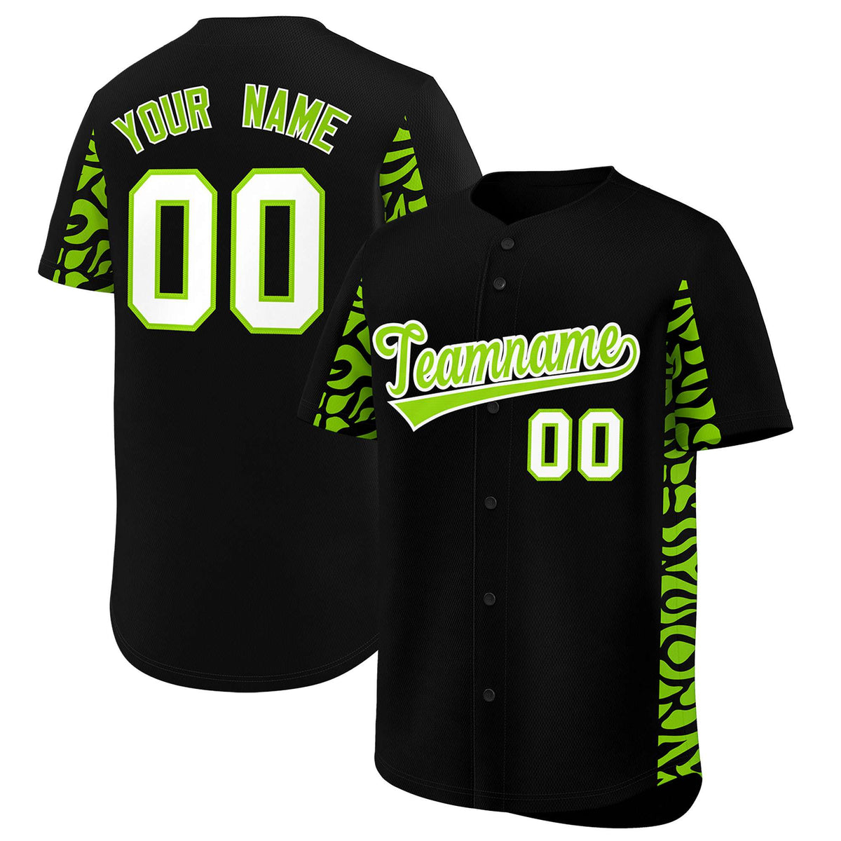 Custom Black Neon Green Personalized Leopard Graffiti Pattern Side Design Authentic Baseball Jersey