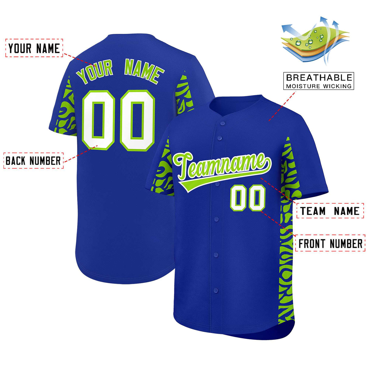Custom Royal Neon Green Personalized Leopard Graffiti Pattern Side Design Authentic Baseball Jersey