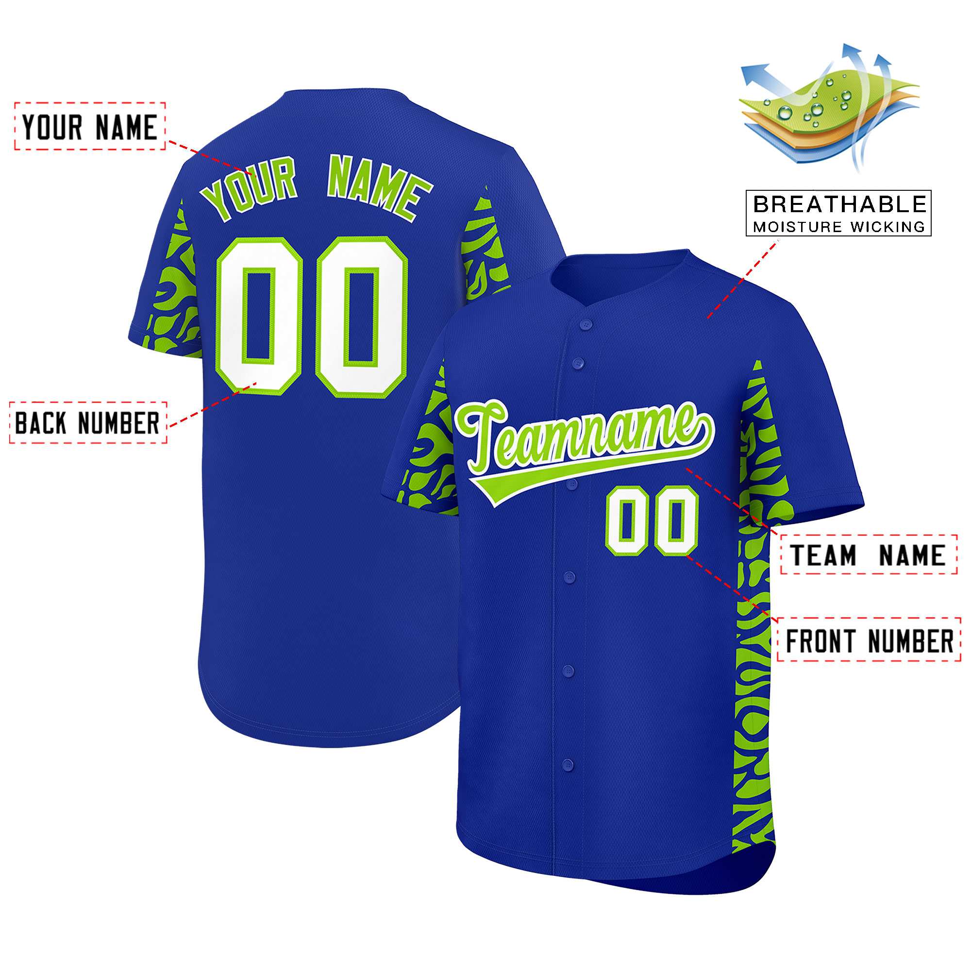Custom Royal Neon Green Personalized Leopard Graffiti Pattern Side Design Authentic Baseball Jersey