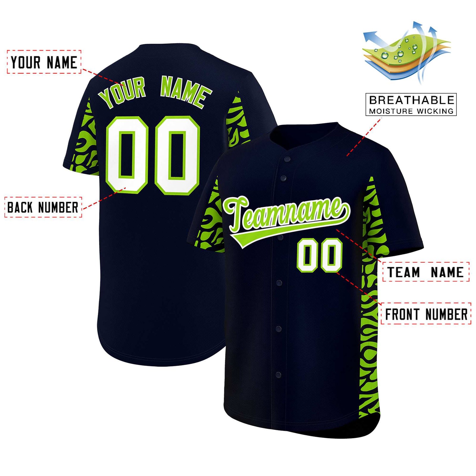 Custom Navy Neon Green Personalized Leopard Graffiti Pattern Side Design Authentic Baseball Jersey