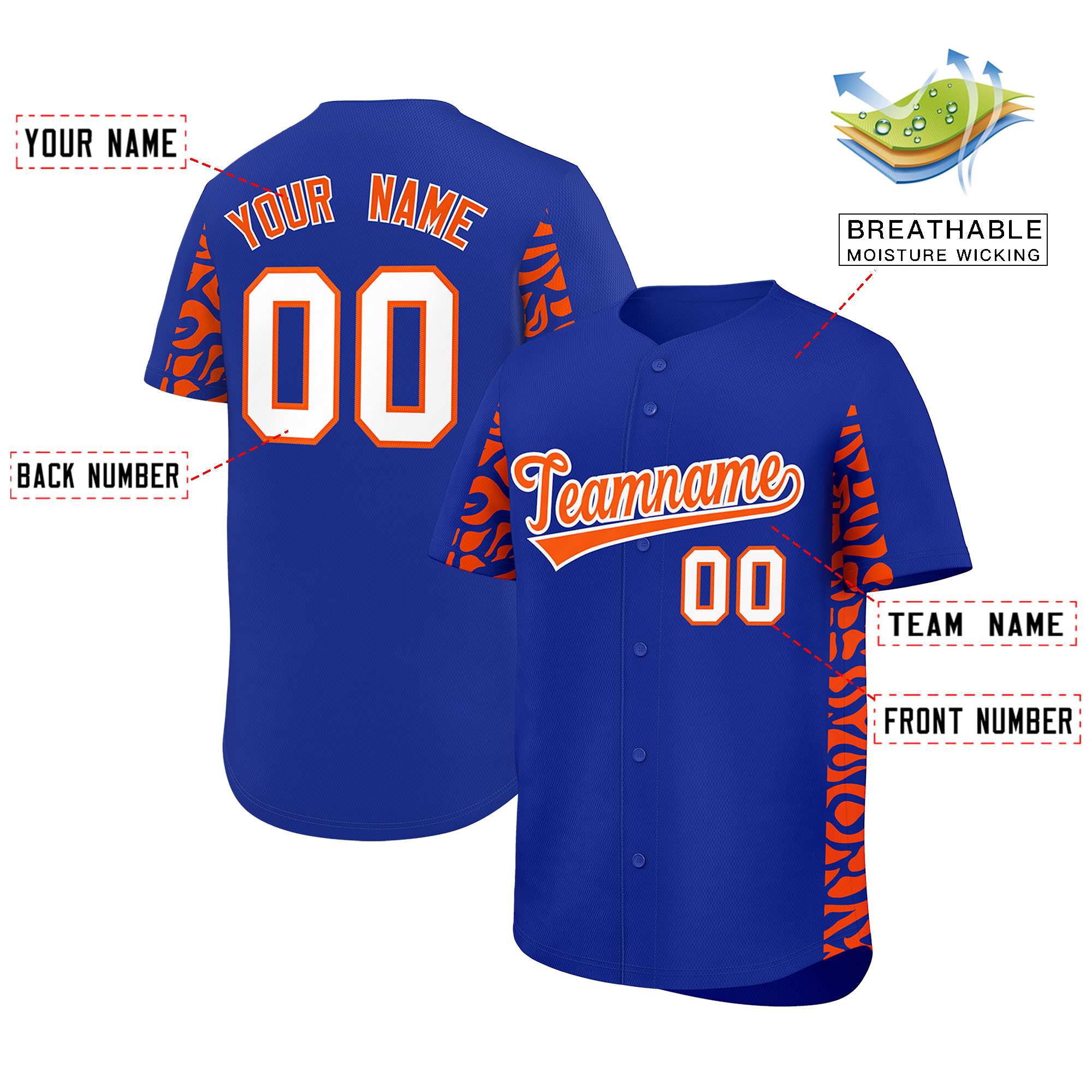 Custom Royal Orange Personalized Leopard Graffiti Pattern Side Design Authentic Baseball Jersey
