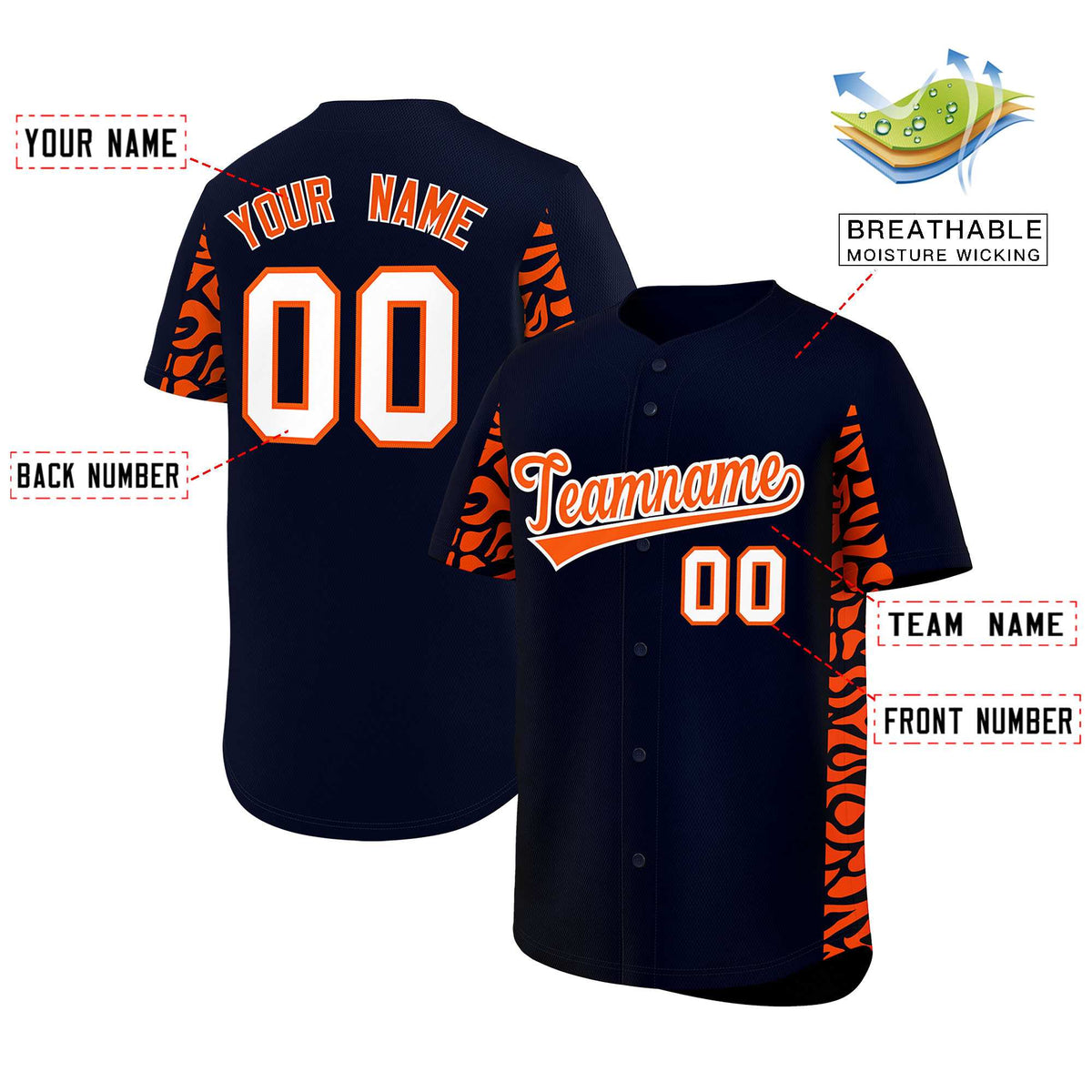 Custom Navy Orange Personalized Leopard Graffiti Pattern Side Design Authentic Baseball Jersey