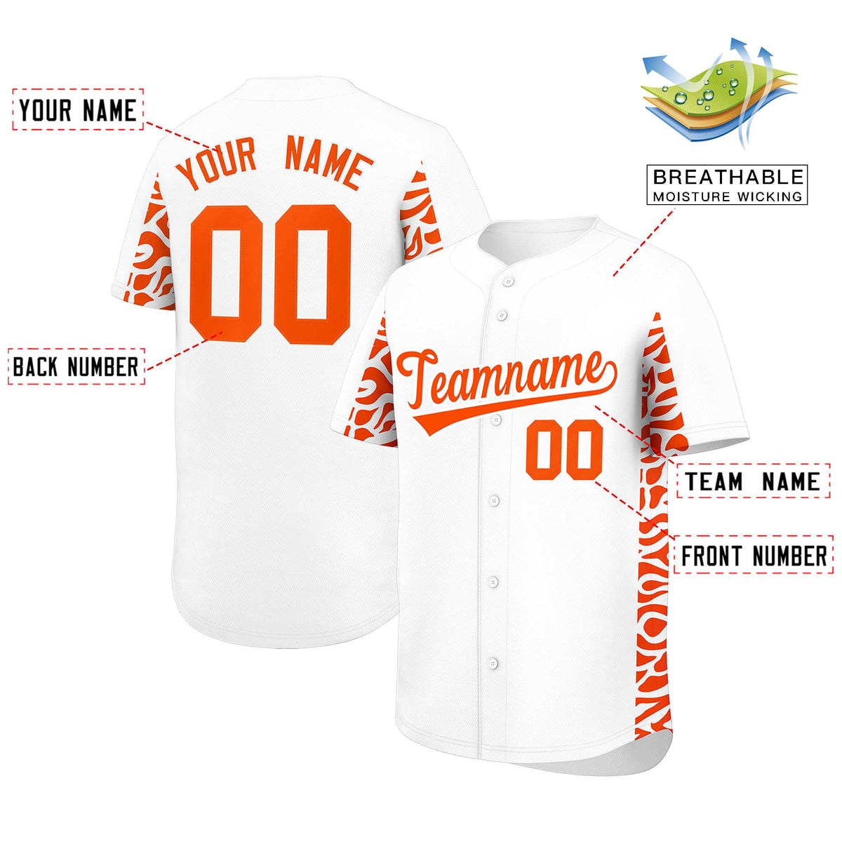 Custom White Orange Personalized Leopard Graffiti Pattern Side Design Authentic Baseball Jersey