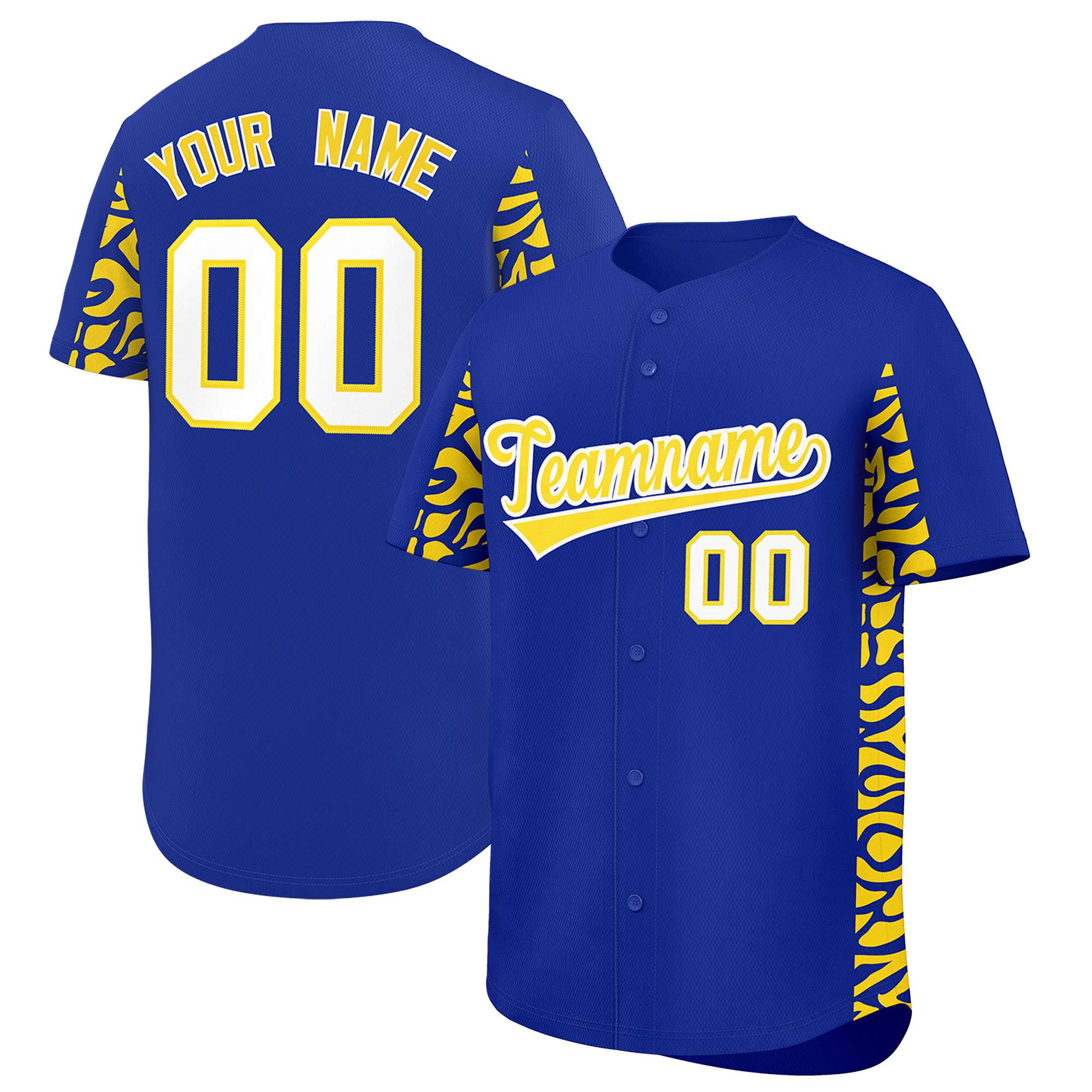 Custom Royal Gold Personalized Leopard Graffiti Pattern Side Design Authentic Baseball Jersey