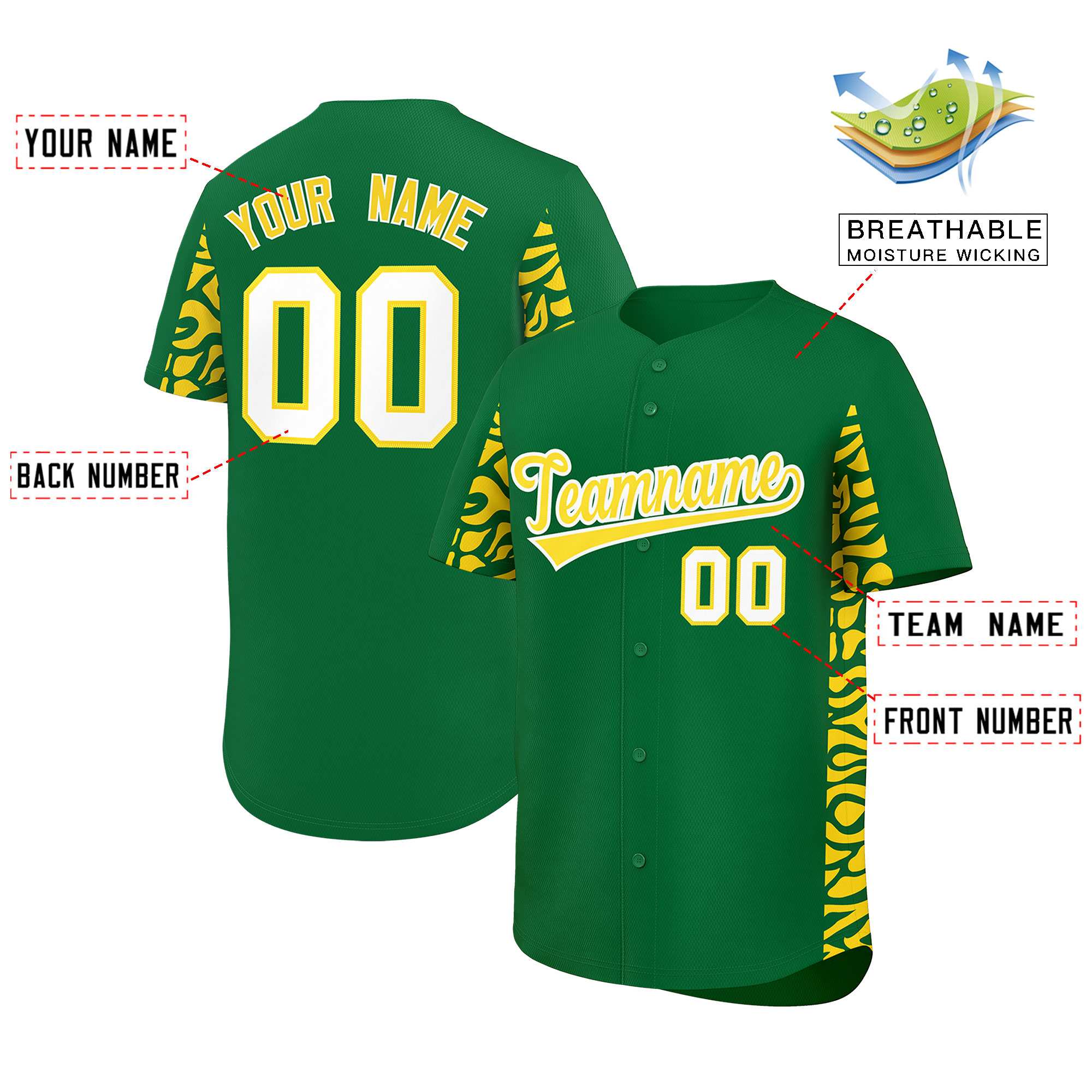 Custom Kelly Green Gold Personalized Leopard Graffiti Pattern Side Design Authentic Baseball Jersey