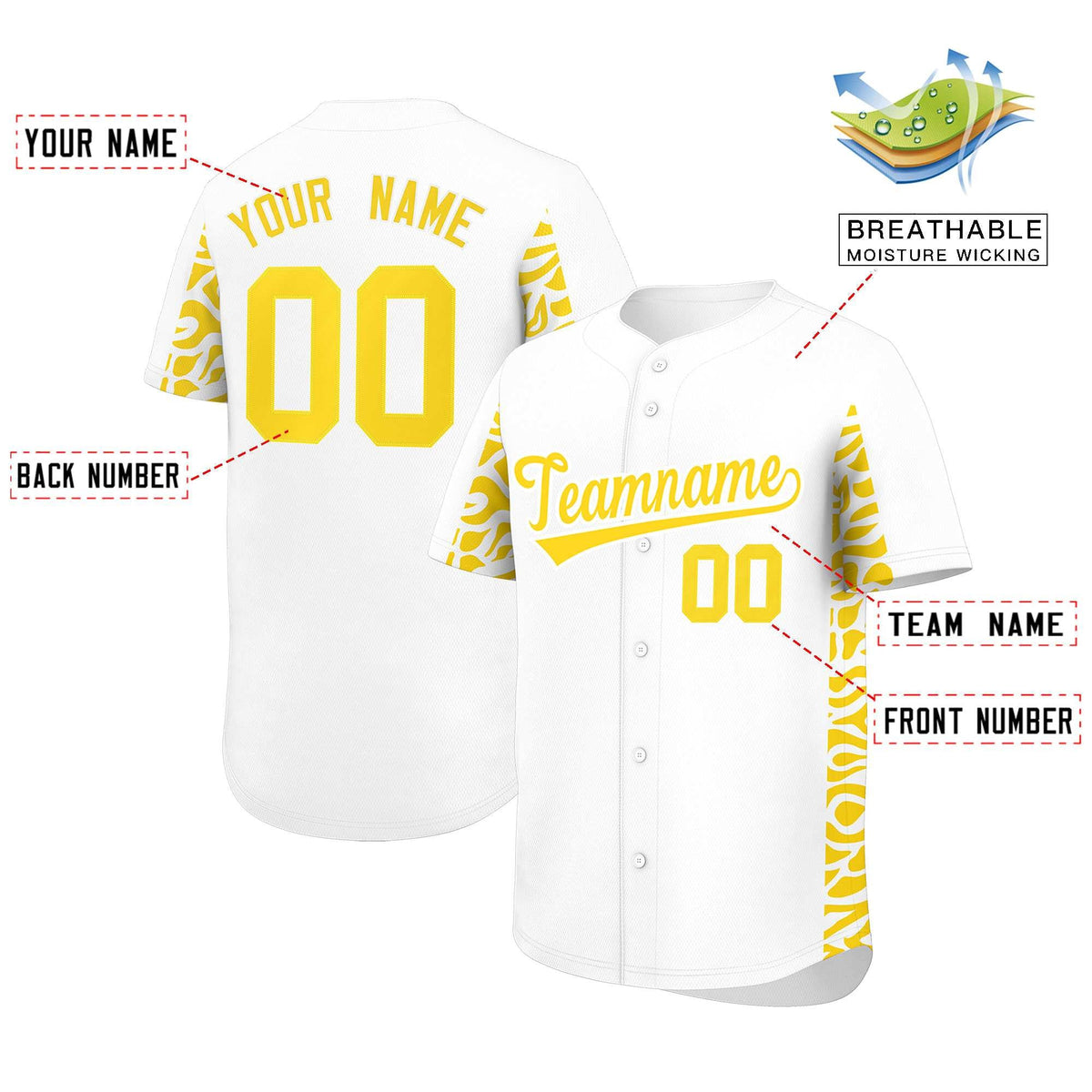 Custom White Gold Personalized Leopard Graffiti Pattern Side Design Authentic Baseball Jersey