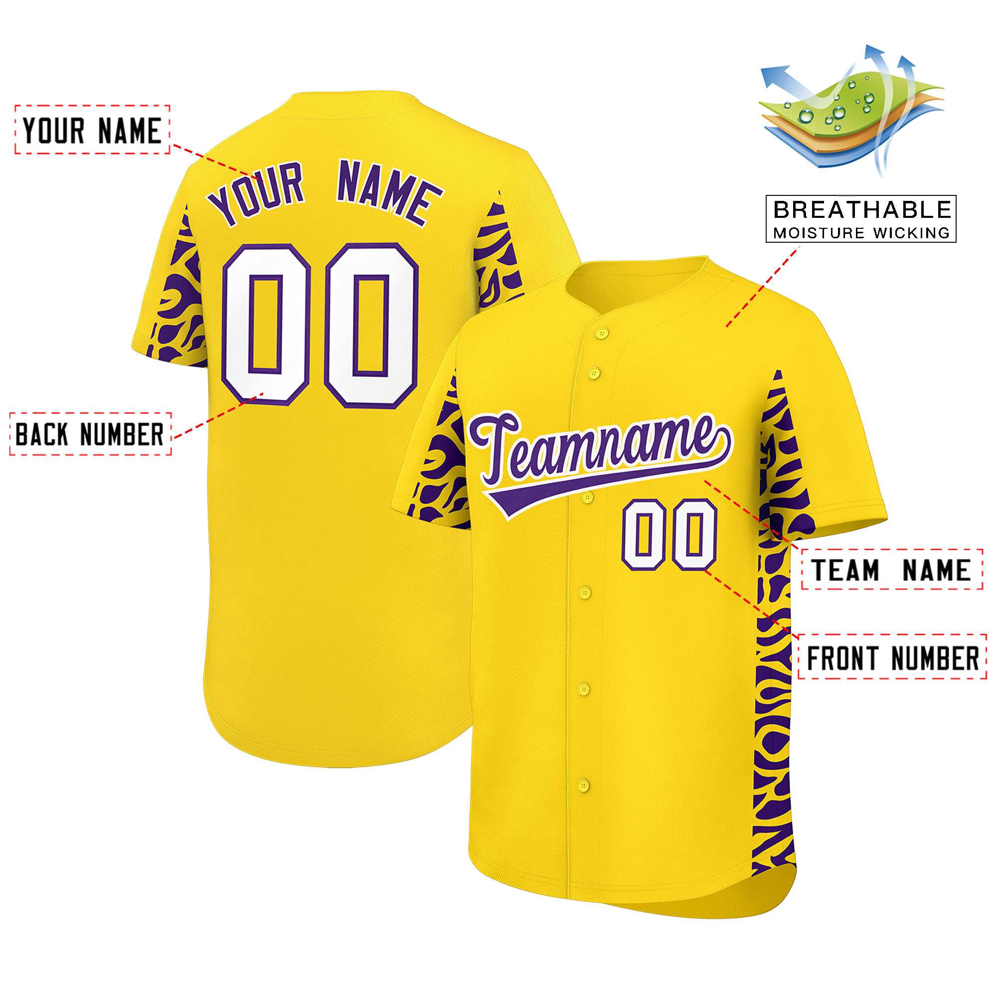 Custom Gold Purple Personalized Leopard Graffiti Pattern Side Design Authentic Baseball Jersey
