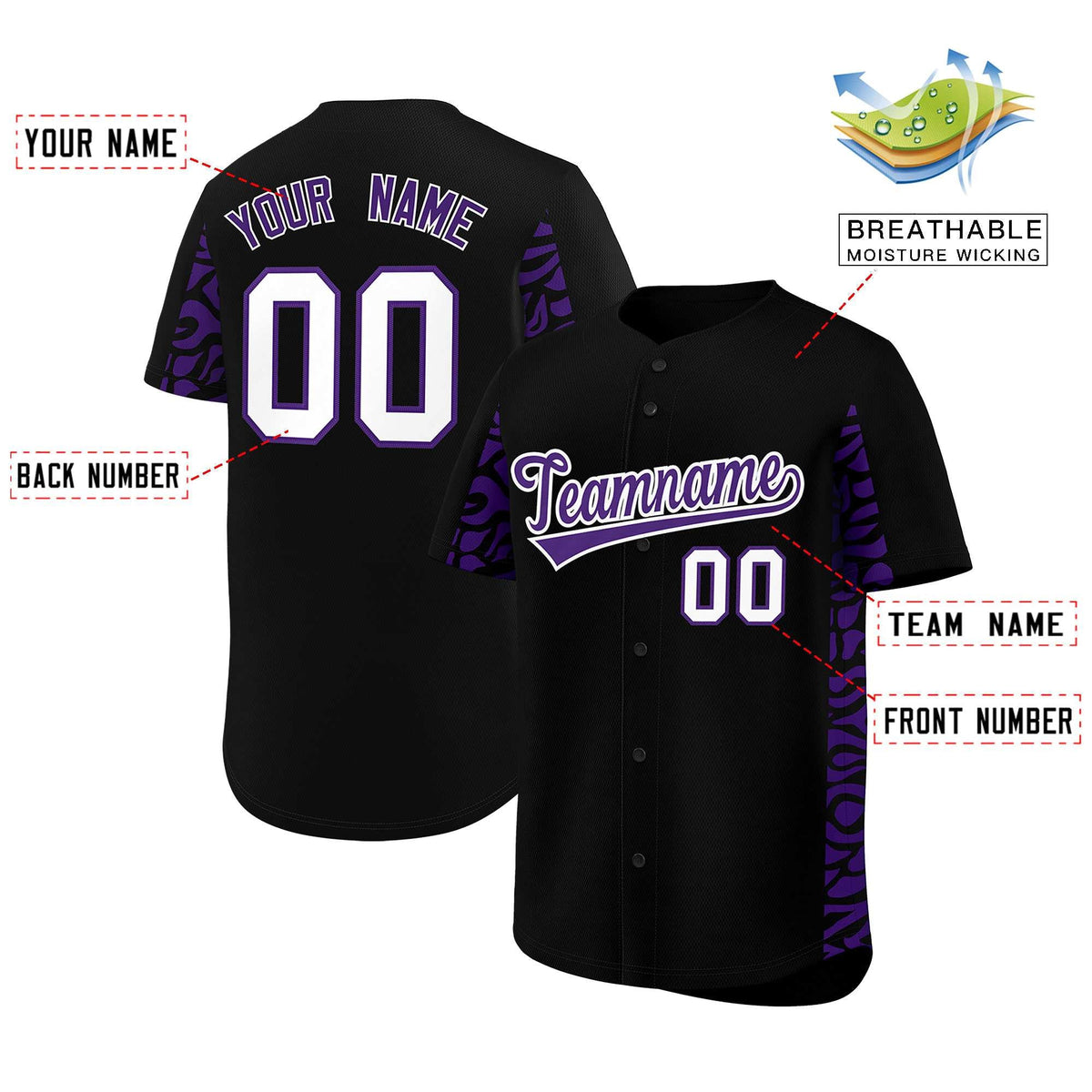 Custom Black Purple Personalized Leopard Graffiti Pattern Side Design Authentic Baseball Jersey