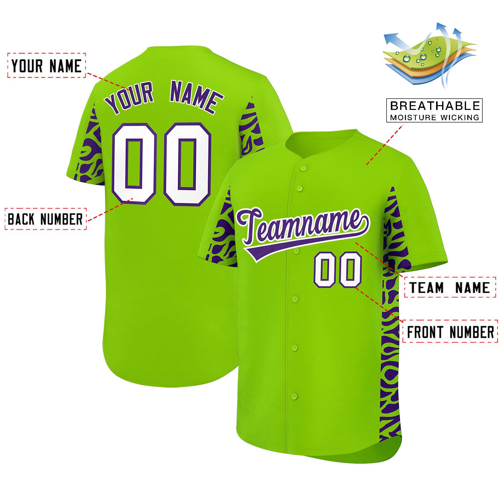 Custom Neon Green Purple Personalized Leopard Graffiti Pattern Side Design Authentic Baseball Jersey