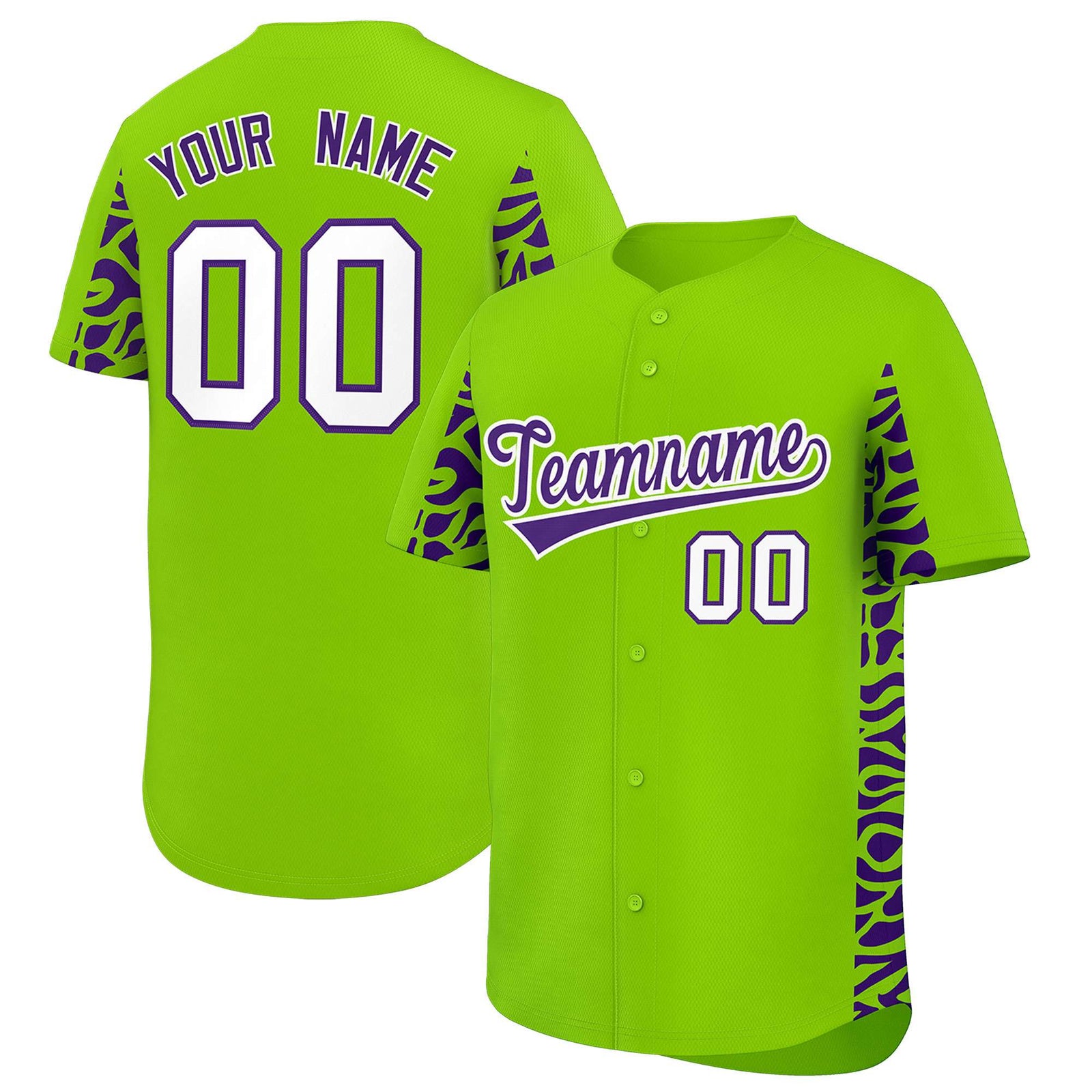 Custom Neon Green Purple Personalized Leopard Graffiti Pattern Side Design Authentic Baseball Jersey