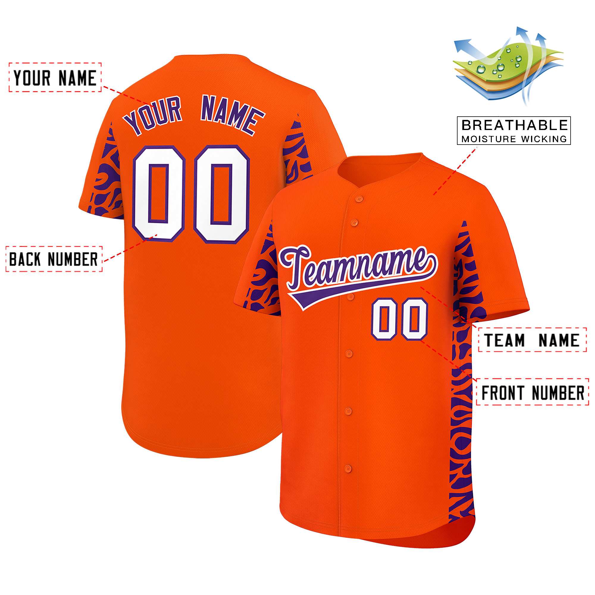 Custom Orange Purple Personalized Leopard Graffiti Pattern Side Design Authentic Baseball Jersey
