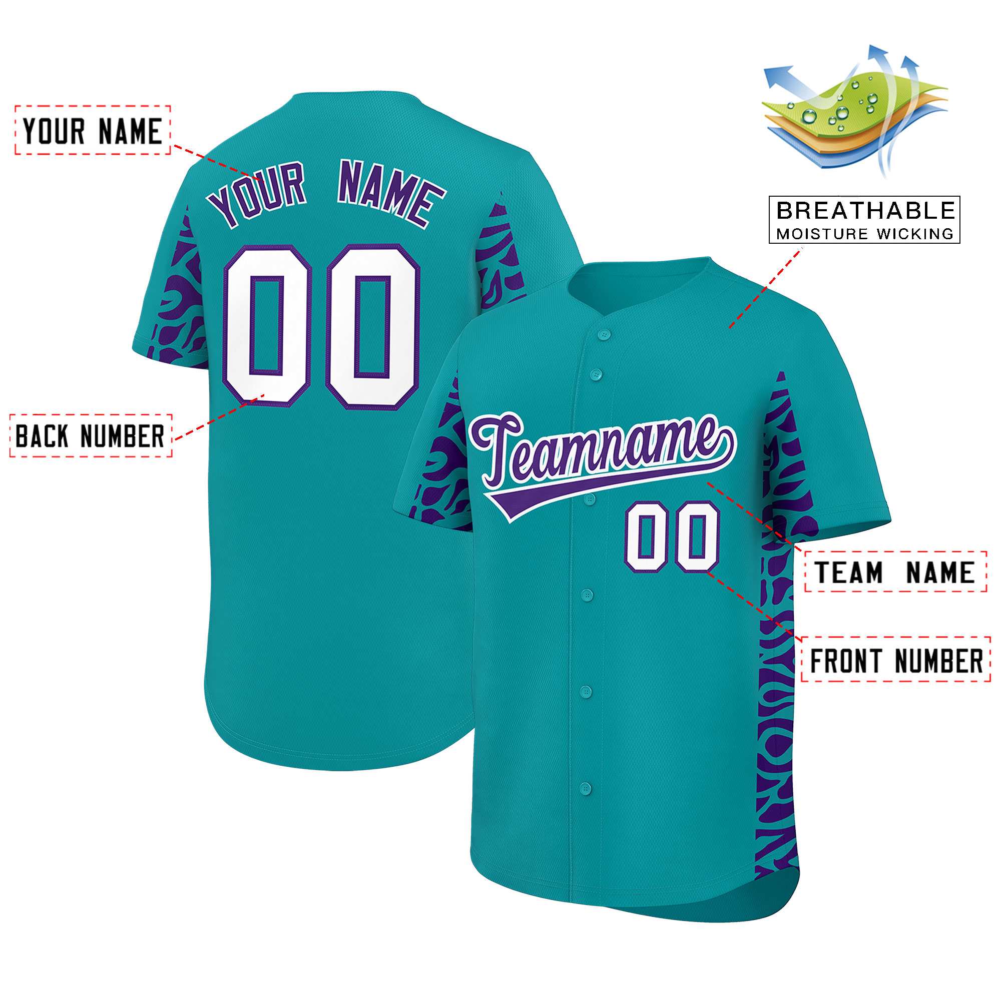 Custom Aqua Purple Personalized Leopard Graffiti Pattern Side Design Authentic Baseball Jersey