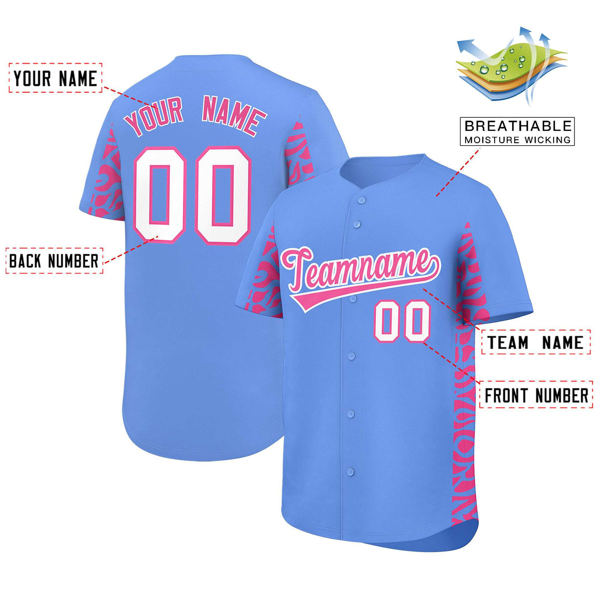 Custom Powder Blue Pink Personalized Leopard Graffiti Pattern Side Design Authentic Baseball Jersey
