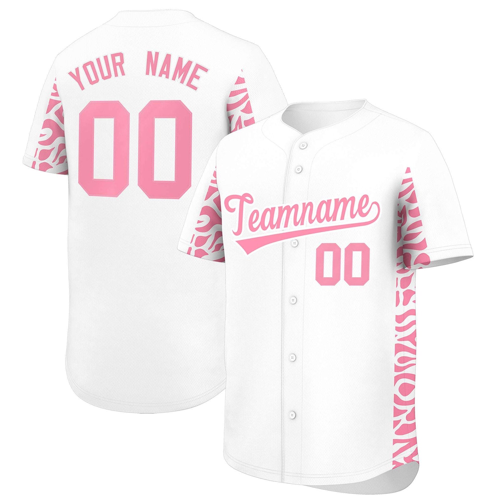 Custom White Light Pink Personalized Leopard Graffiti Pattern Side Design Authentic Baseball Jersey