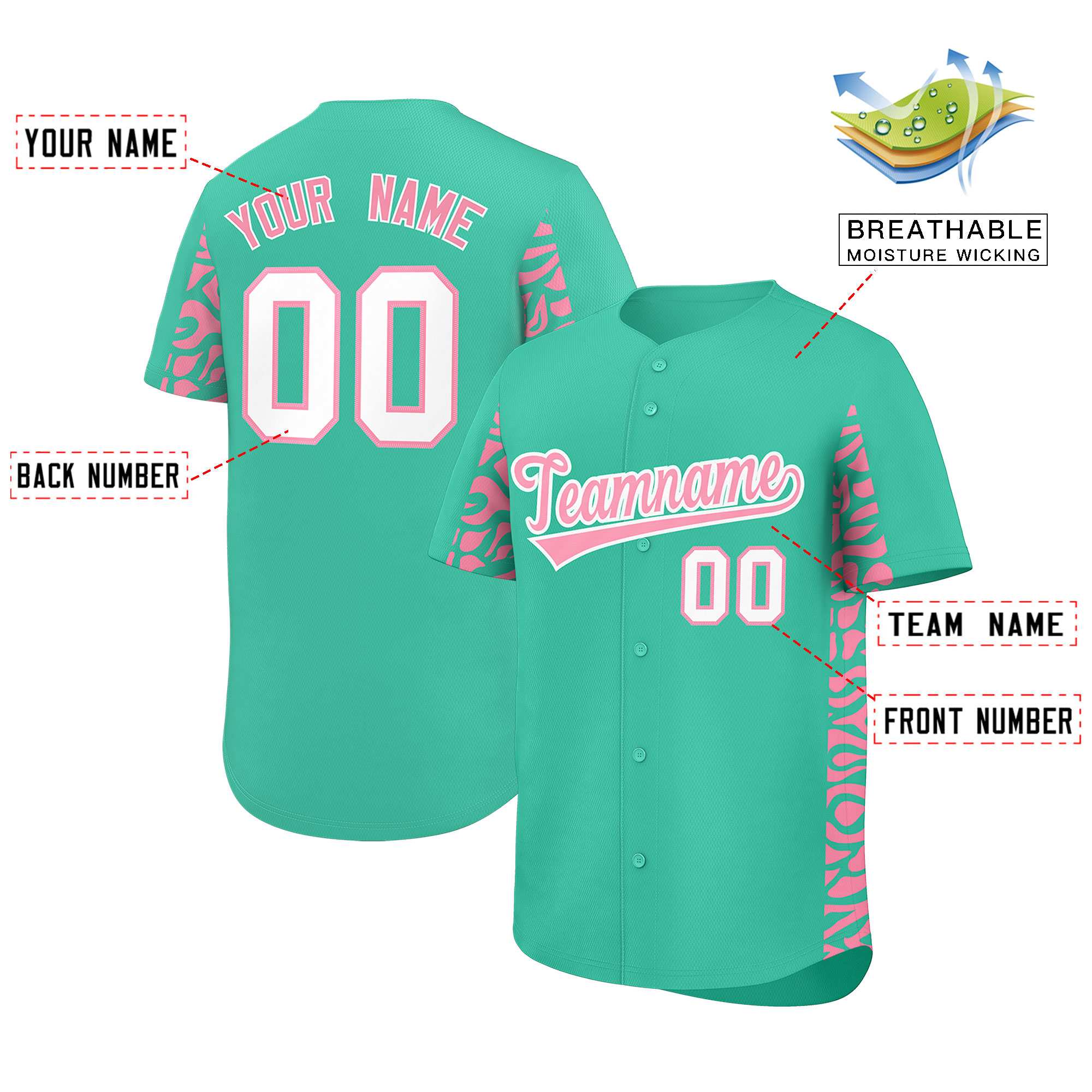 Custom Bright Green Light Pink Personalized Leopard Graffiti Pattern Side Design Authentic Baseball Jersey