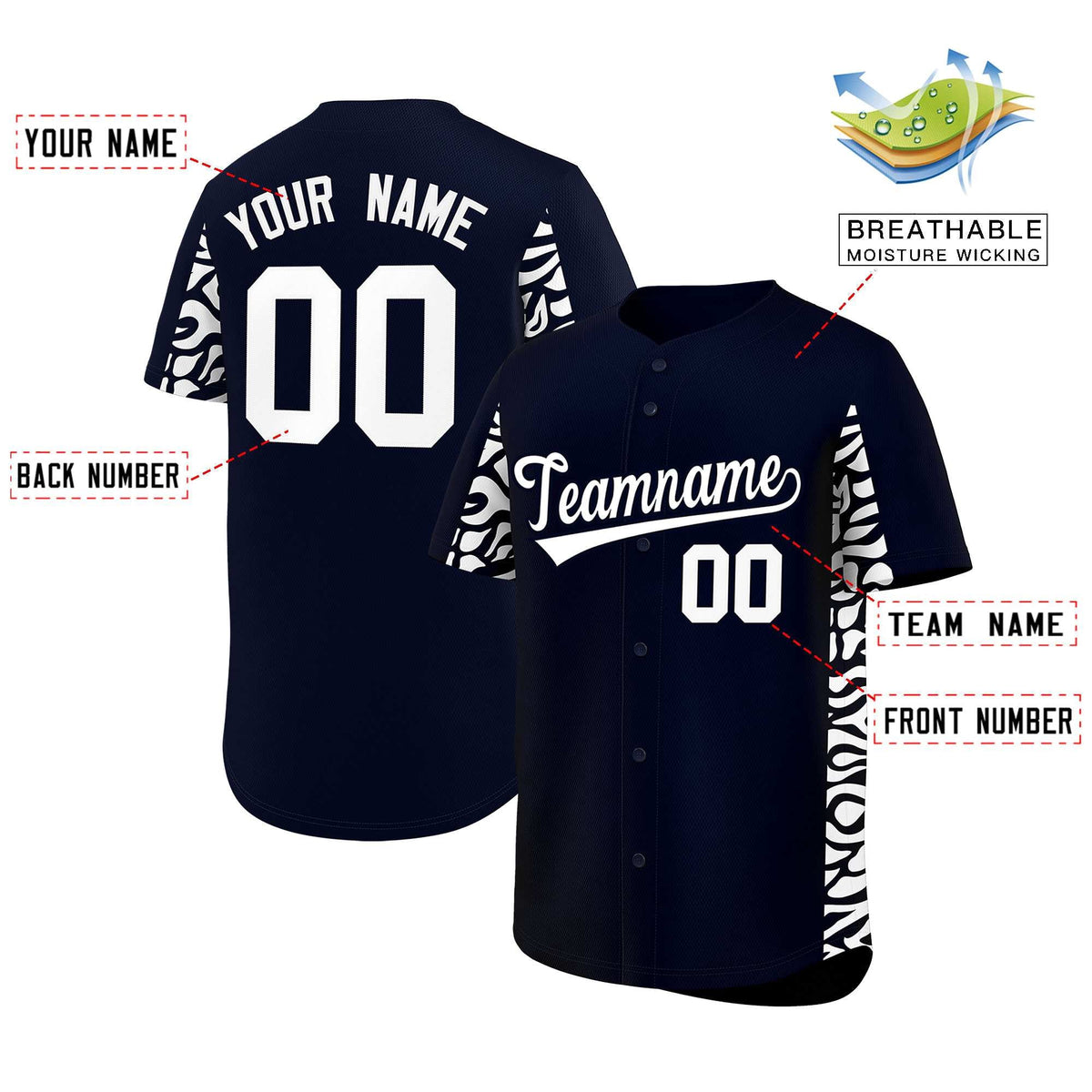 Custom Navy White Personalized Leopard Graffiti Pattern Side Design Authentic Baseball Jersey