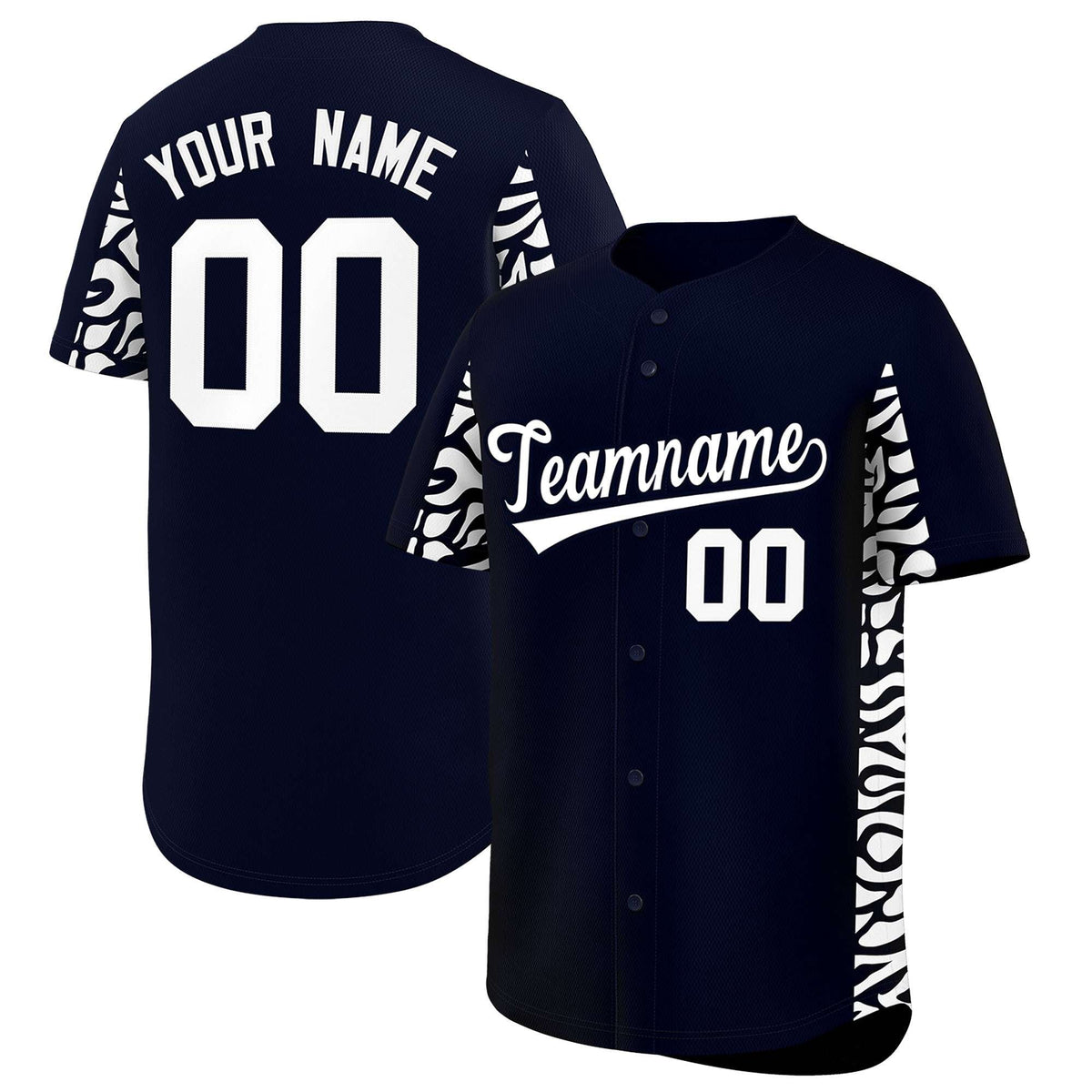 Custom Navy White Personalized Leopard Graffiti Pattern Side Design Authentic Baseball Jersey