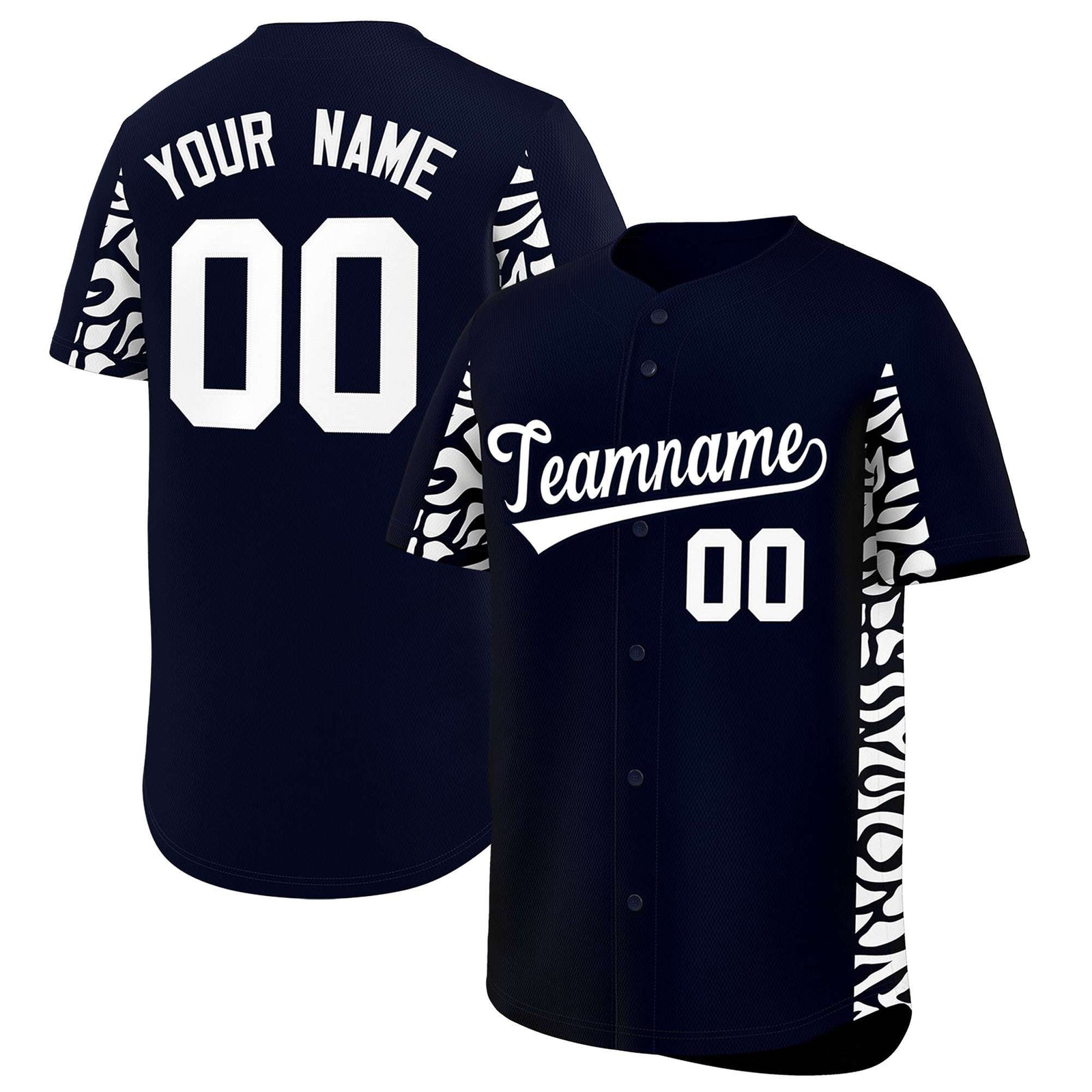 Custom Navy White Personalized Leopard Graffiti Pattern Side Design Authentic Baseball Jersey