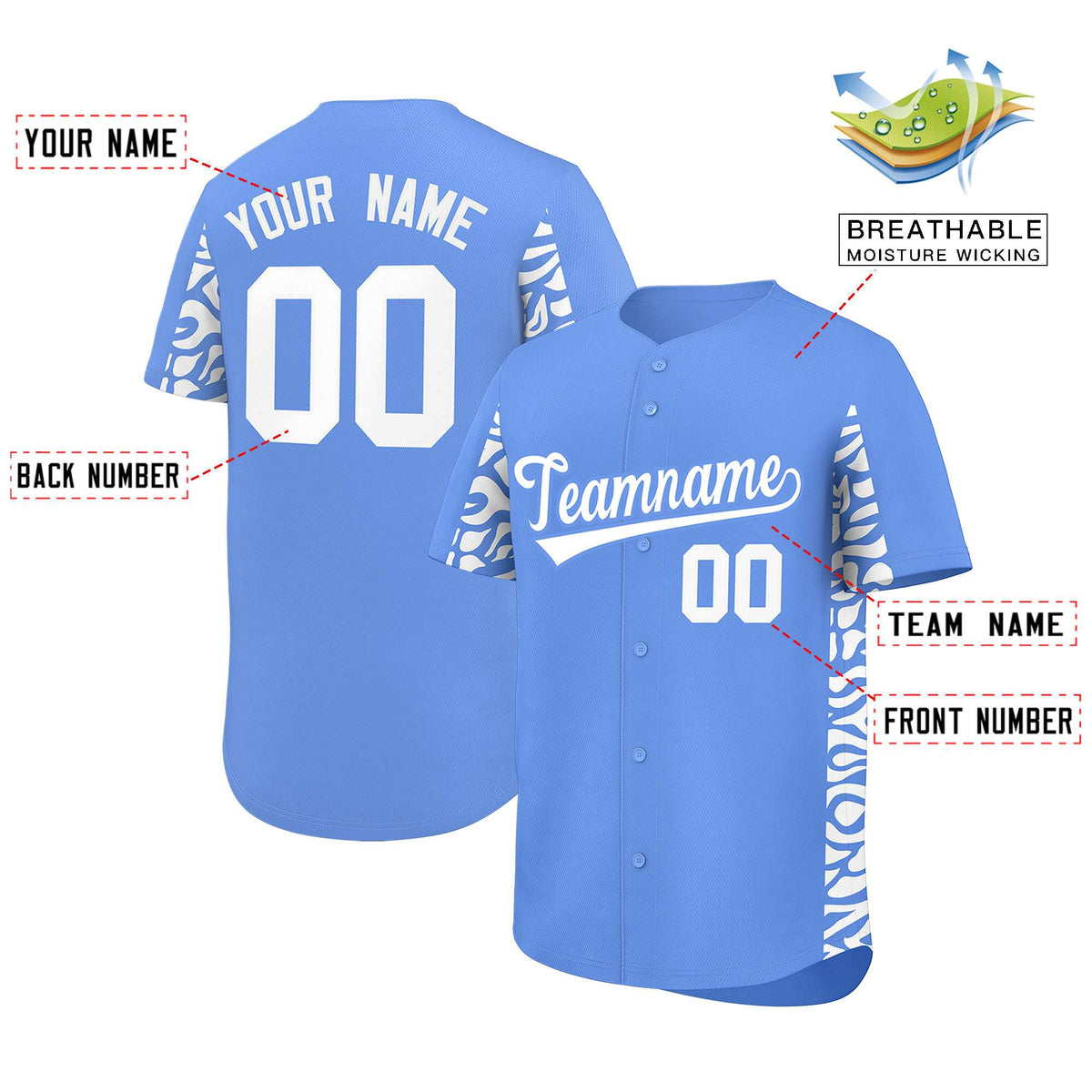 Custom Powder Blue White Personalized Leopard Graffiti Pattern Side Design Authentic Baseball Jersey