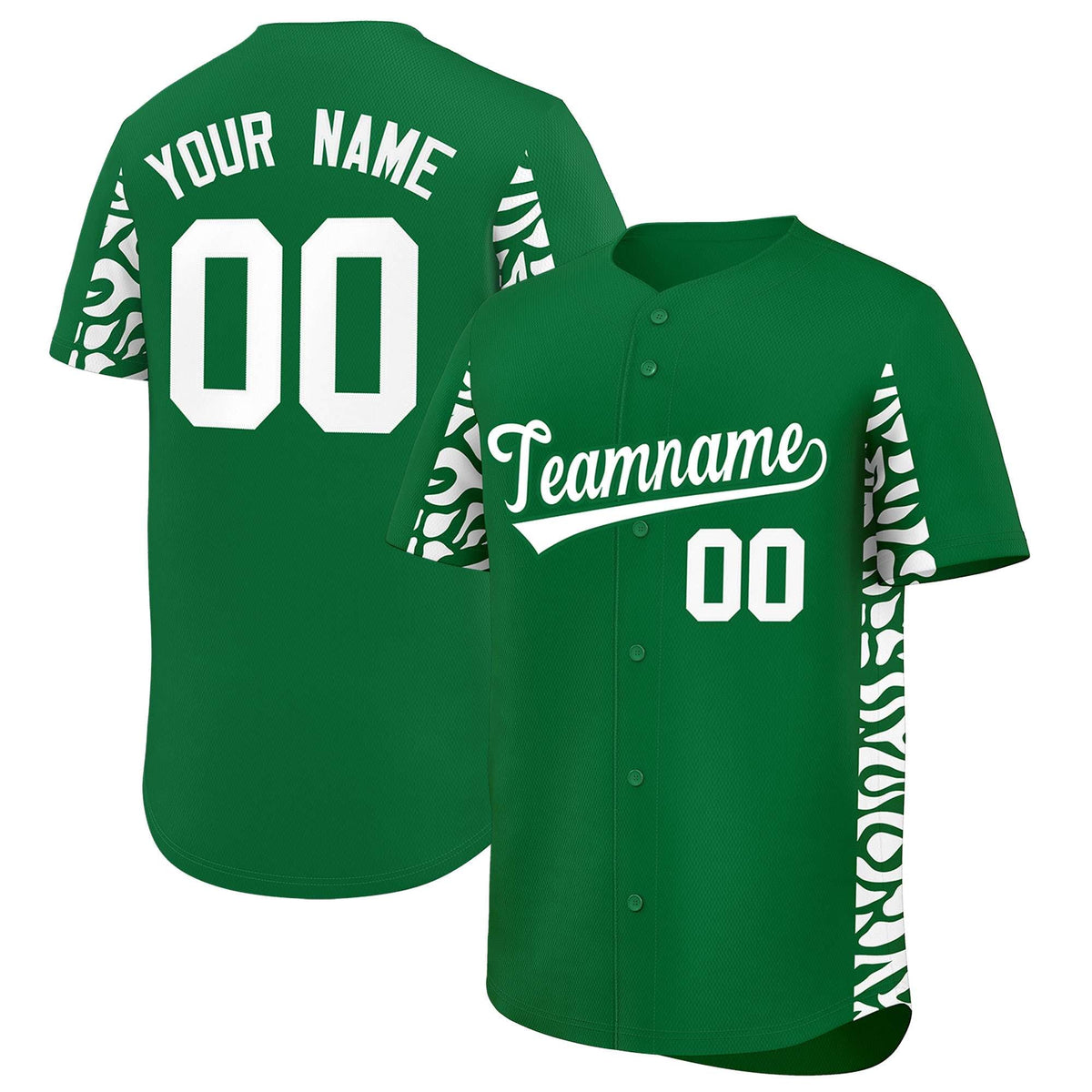 Custom Kelly Green White Personalized Leopard Graffiti Pattern Side Design Authentic Baseball Jersey