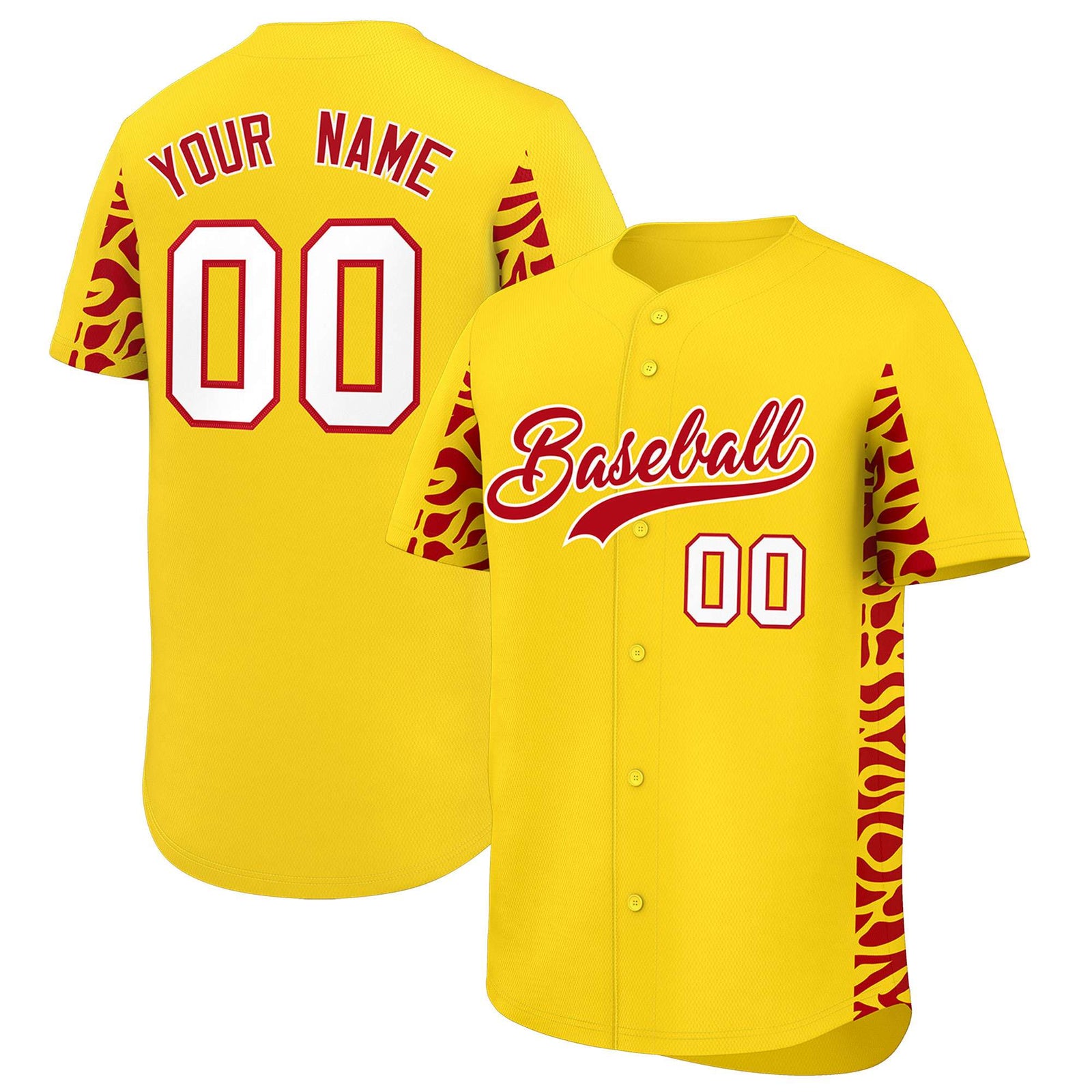 Custom Gold Red Personalized Leopard Graffiti Pattern Side Design Authentic Baseball Jersey