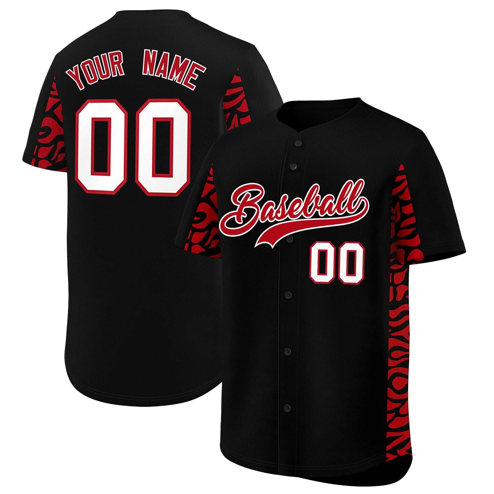 Custom Black Red Personalized Leopard Graffiti Pattern Side Design Authentic Baseball Jersey