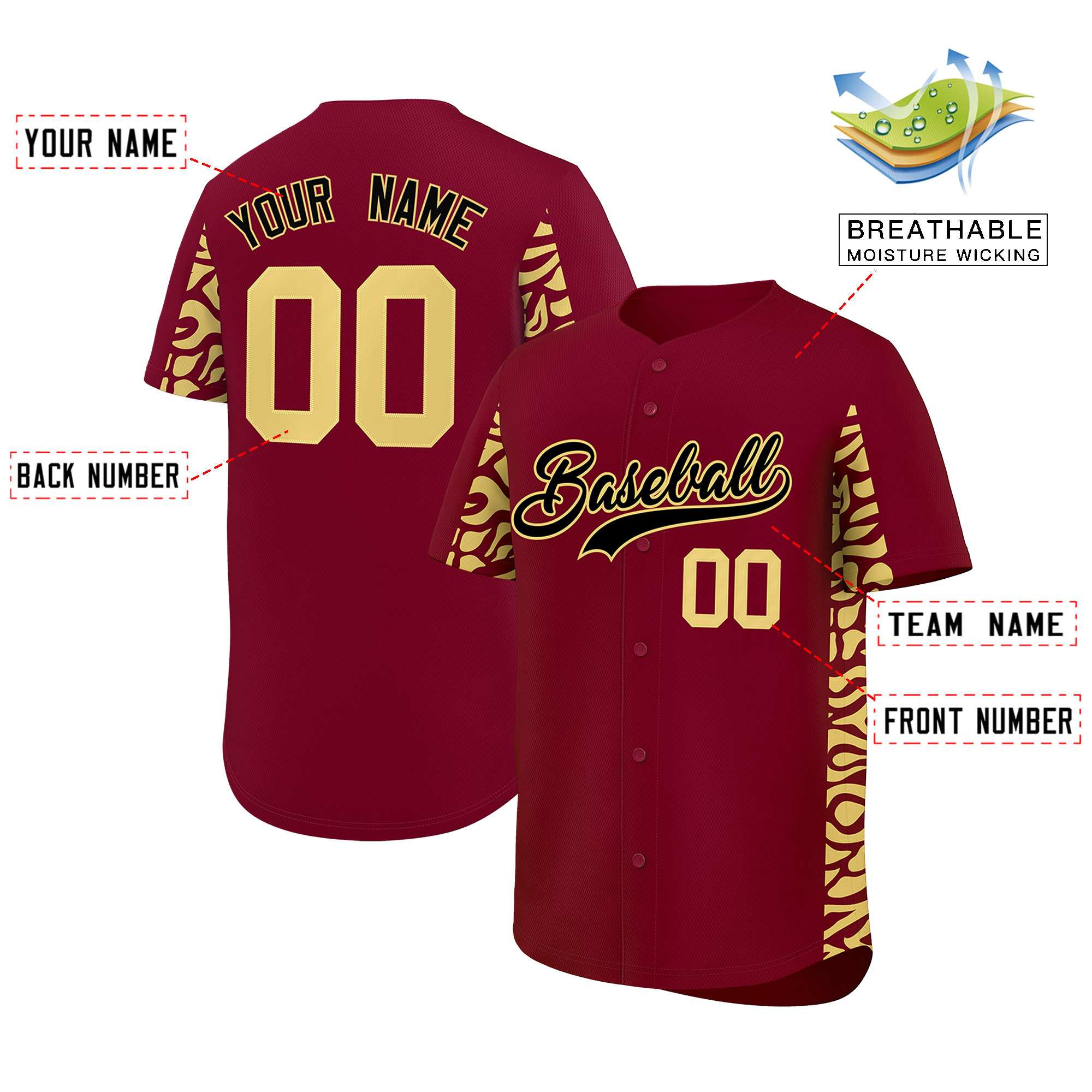 Custom Crimson Khaki Personalized Leopard Graffiti Pattern Side Design Authentic Baseball Jersey